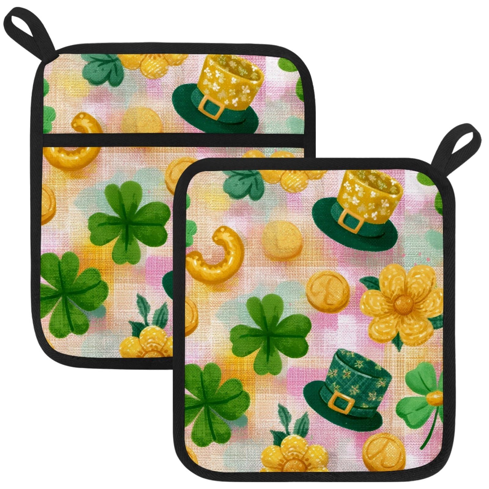 VAPOKF St. Patrick's Day Heat Resistant Pot Holders, Thick Pot Holders Pad with Hanging Loop for Kitchen, Oven Cloth Pads for Kitchen Baking Microwave Oven