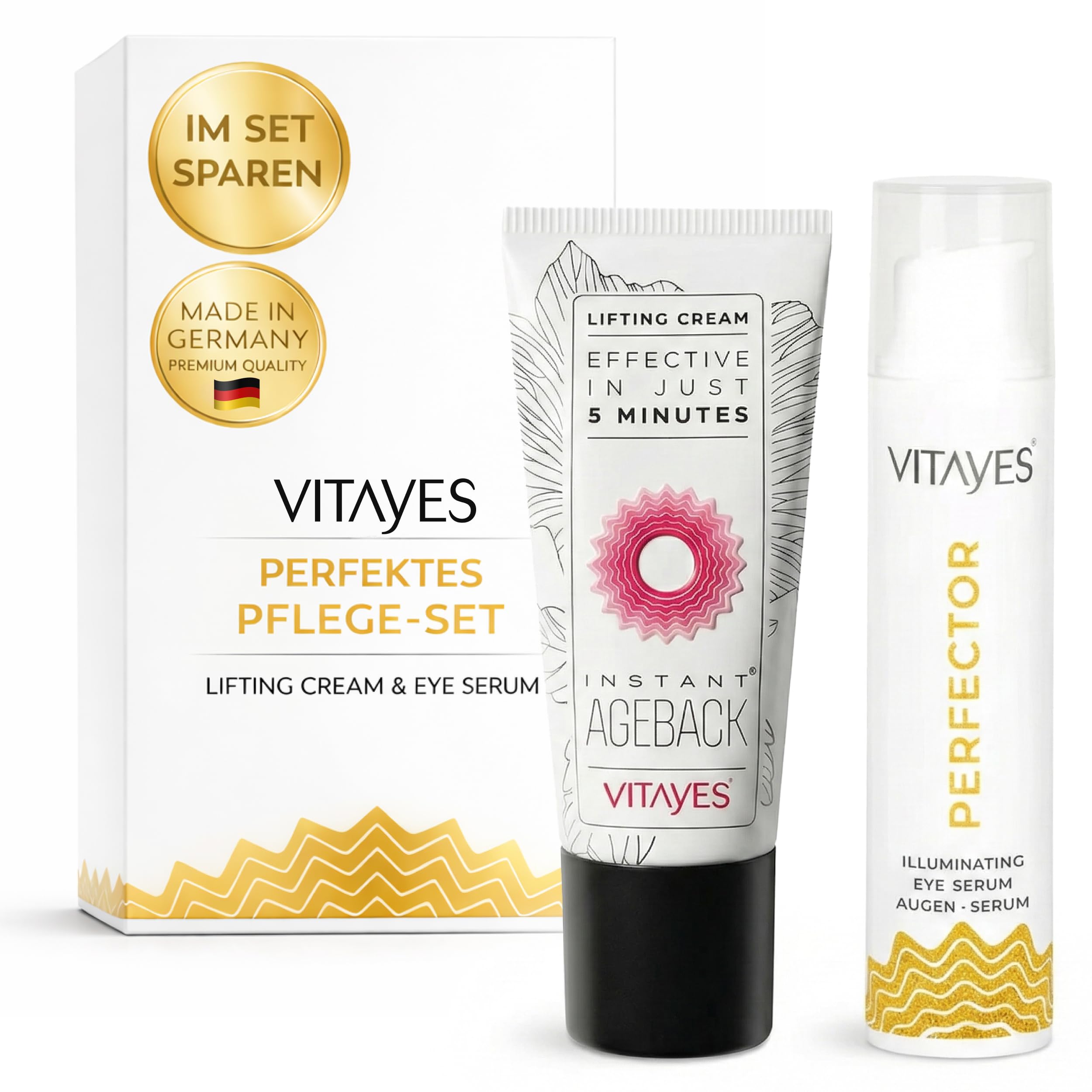 VITAYES Skincare Set Vegan - Instant Ageback 20 ml Mit Soforteffekt - Perfector Augenserum 15 ml - Anti Aging Gesichtscreme und Augenpflege Routine für Sichtbar Gepflegte Haut - für alle Hauttypen
