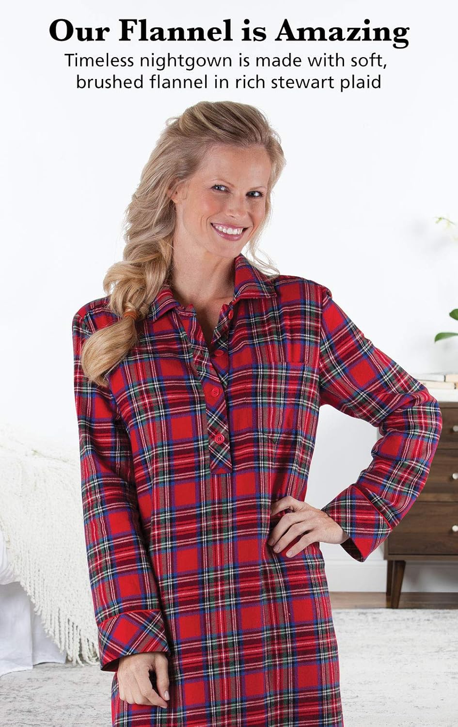 PajamaGram Long Flannel Nightgown - Women Nightgown, Plaid - Image 3