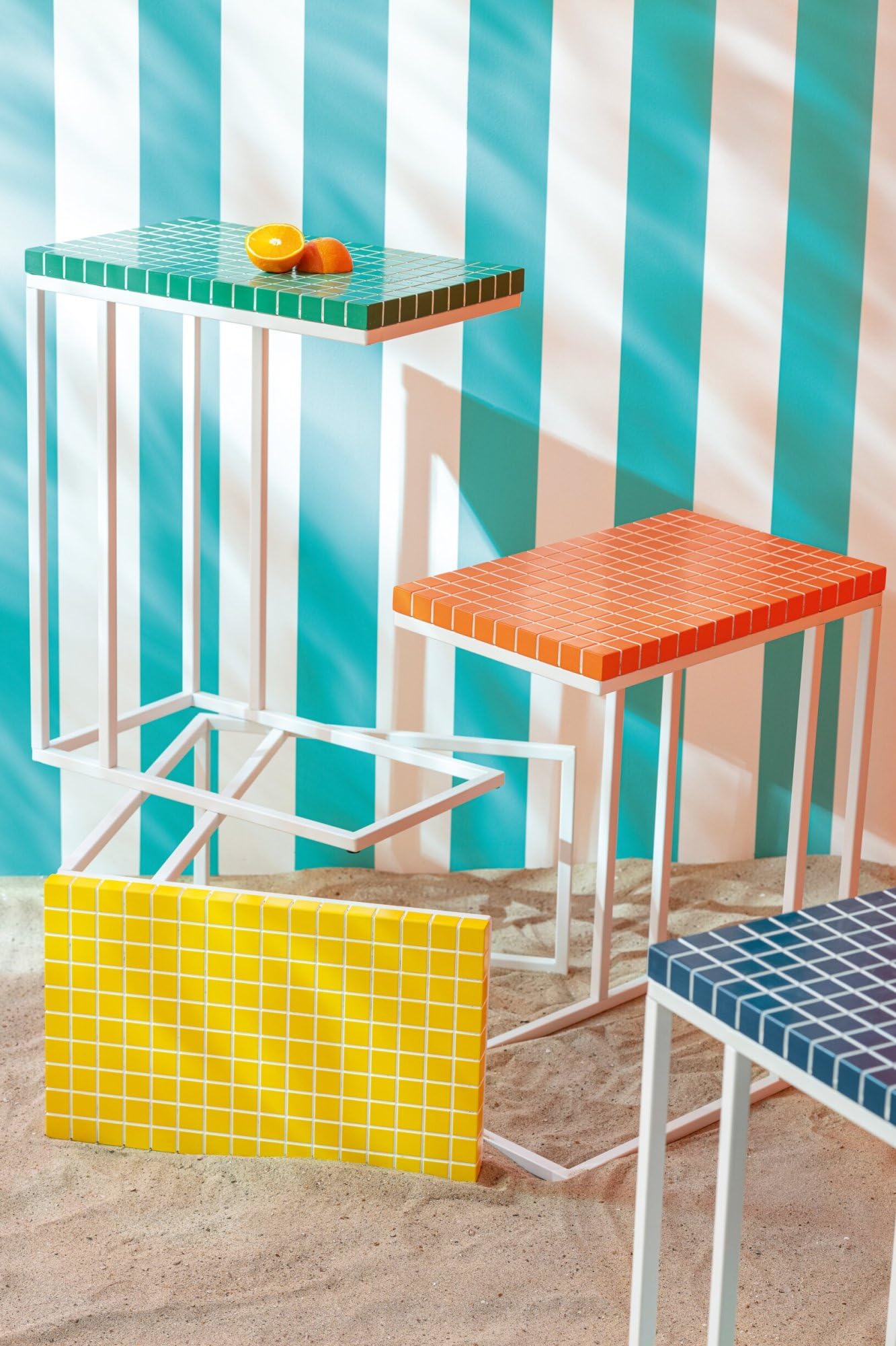J-Line Table D'appoint Rectangle Carreaux - métal - Bleu/Blanc