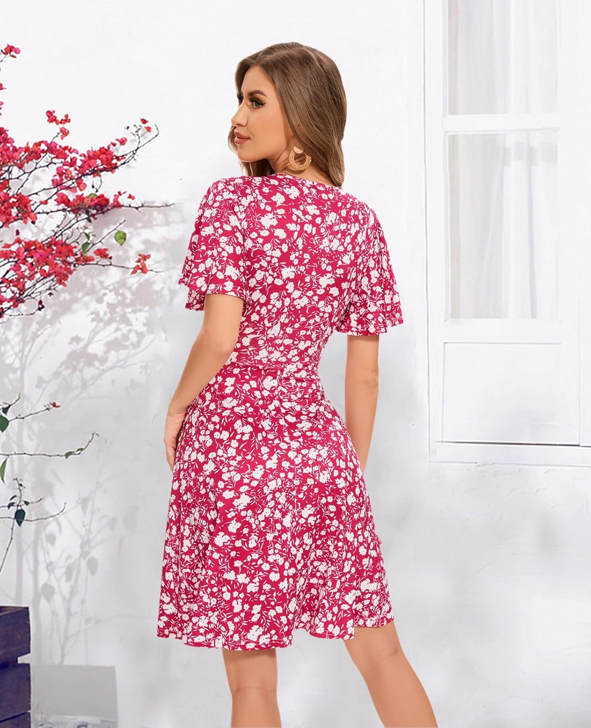 Women Casual Summer Dress 2025 Beach Vacation Floral Sundress Short Sleeve Wrap V-Neck Modest Dresses - Image 4