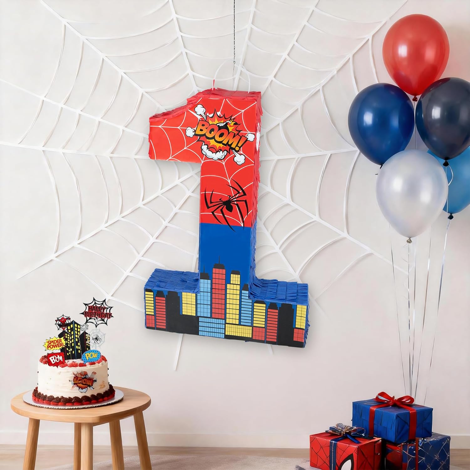 PCFING 20 Inch Spider Number 1 Piñata with 30 Inch Piñata Stick Blindfold Confetti for Boy Girl Adults Hero Birthday Party Decorations, Anniversary Celebration, Fiesta