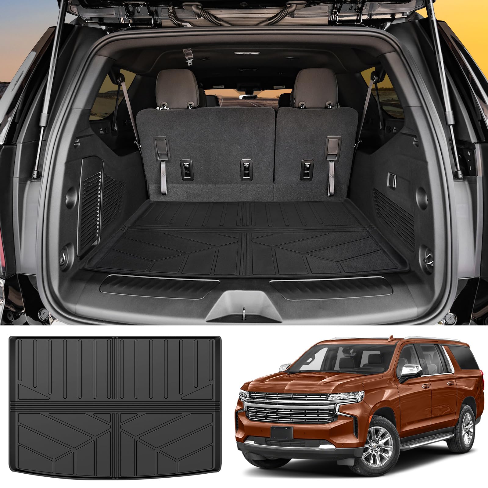 Tappetini Auto Chevy Suburban / GMC Yukon XL 7 Posti 2021-2024: Set Completo Con Fodera Bagagliaio In TPE, Protezione Invernale Antiscivolo, Facili Da Pulire