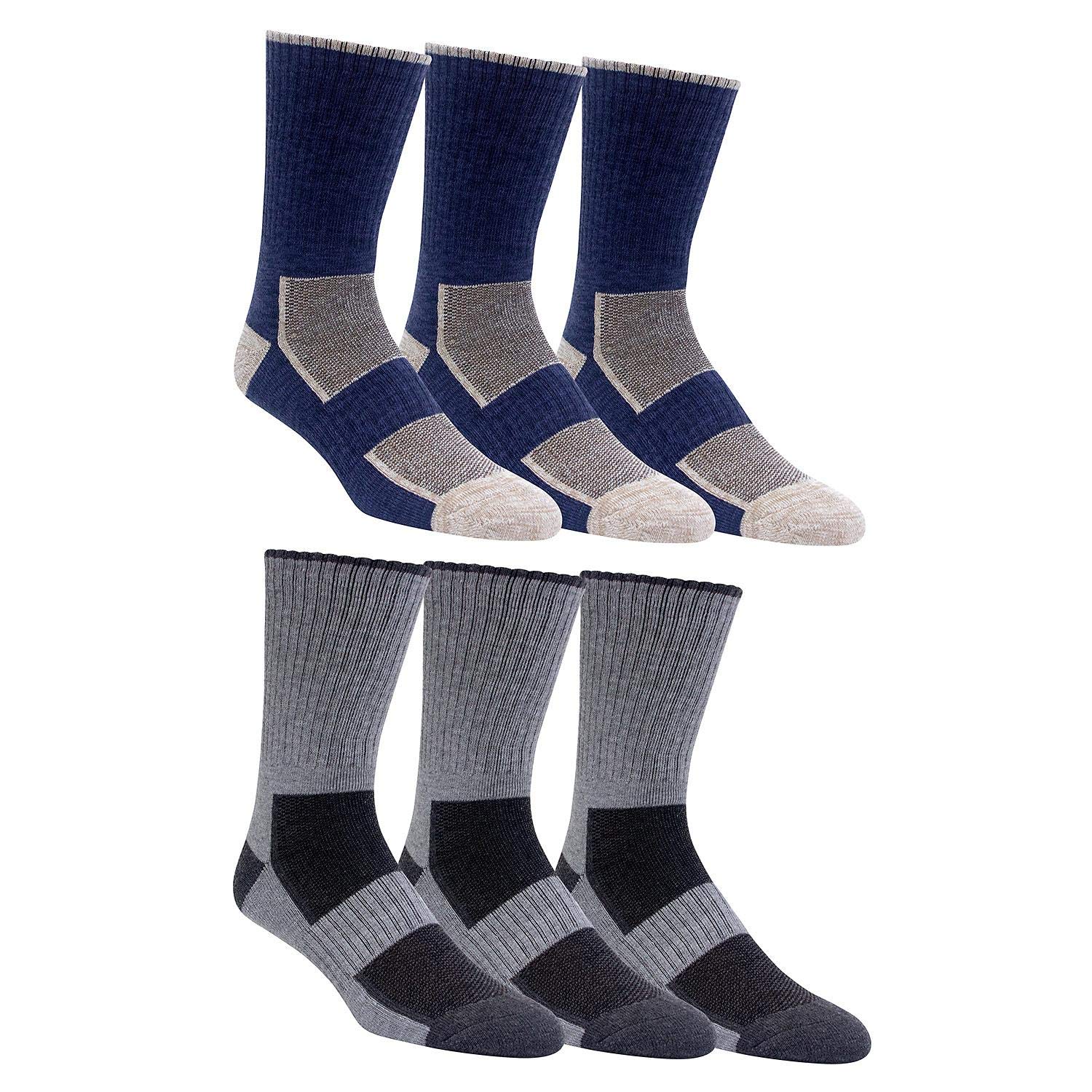 G.H. Bass Men's Outdoor Hiking Performance Socks, Size 10-13, 6 Pairs (Denim Grey)