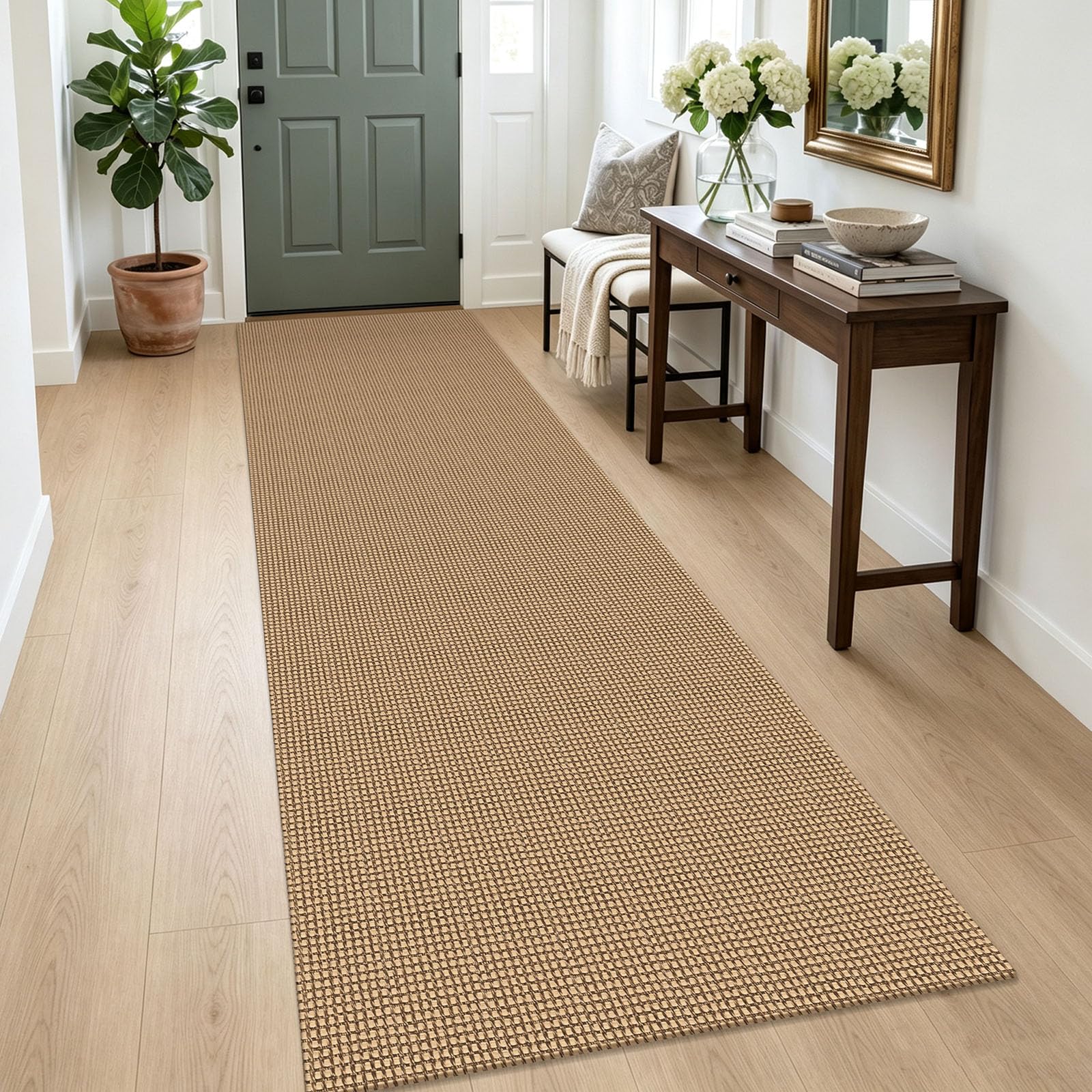 IOHOUZE Washable Runner Rug 3x9 Non Slip Rubber Backed Wide Hallway Runner Entryway Runner Indoor, Woven Kitchen Rugs Cotton Floor Carpet for Hall Entrance Bedroom, Orange/Tan/Brown