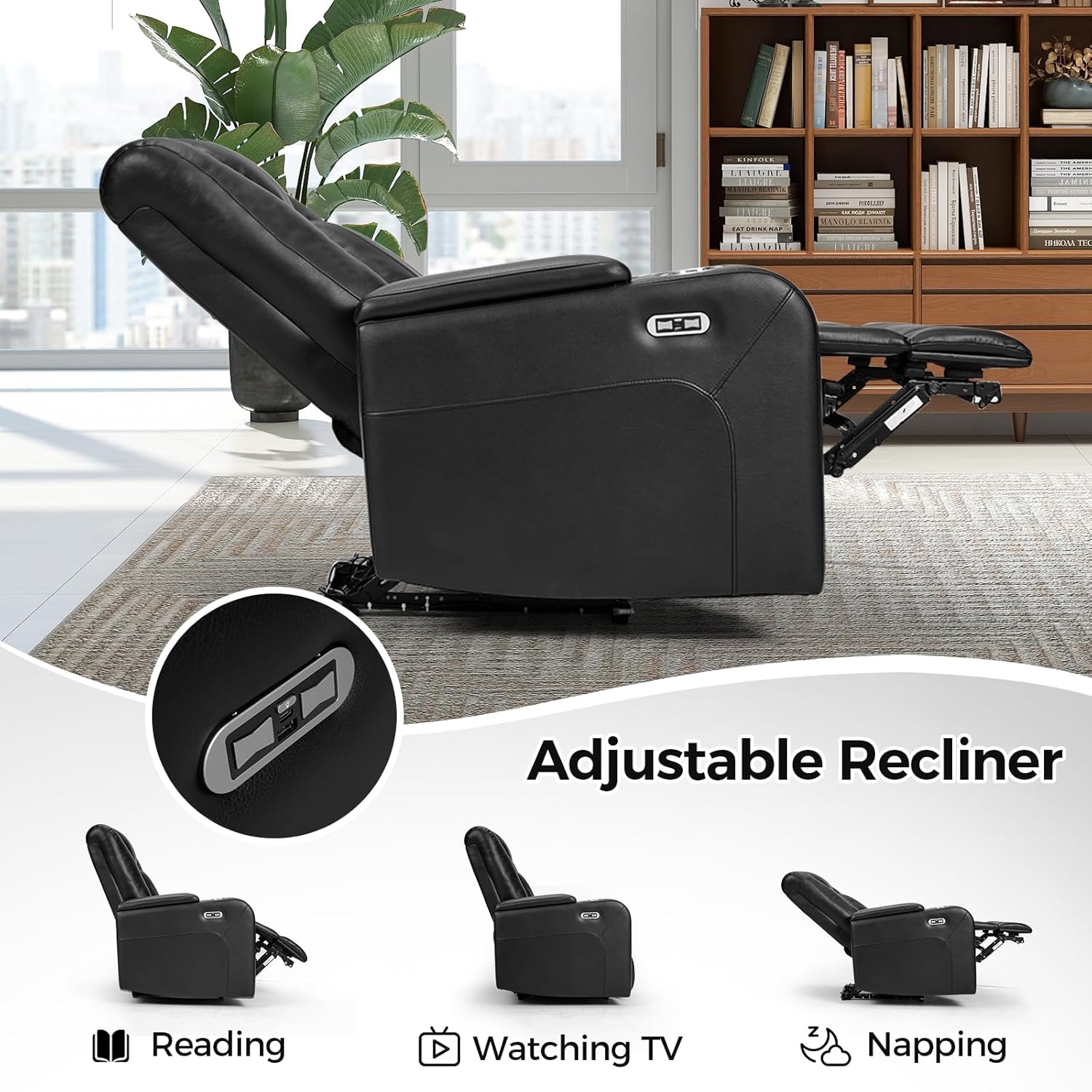 CANMOV Power Home Theater Seating, PU Leather Electric Recliner Chair with USB Tape-C Ports, LED Light, Cup Holders, Hidden Arm Storage (1, Black)