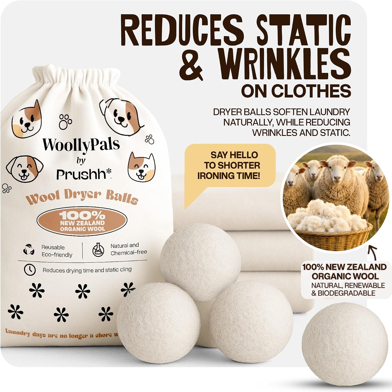 WoollyPals Dryer Balls (6-Pack, XL Size) - 100% New Zealand Wool - No More Dryer Sheets - Eco Dryer Balls - Reusable - Softens Laundry - Reduces Drying Time & Static - with Storage Bag (Plain White)