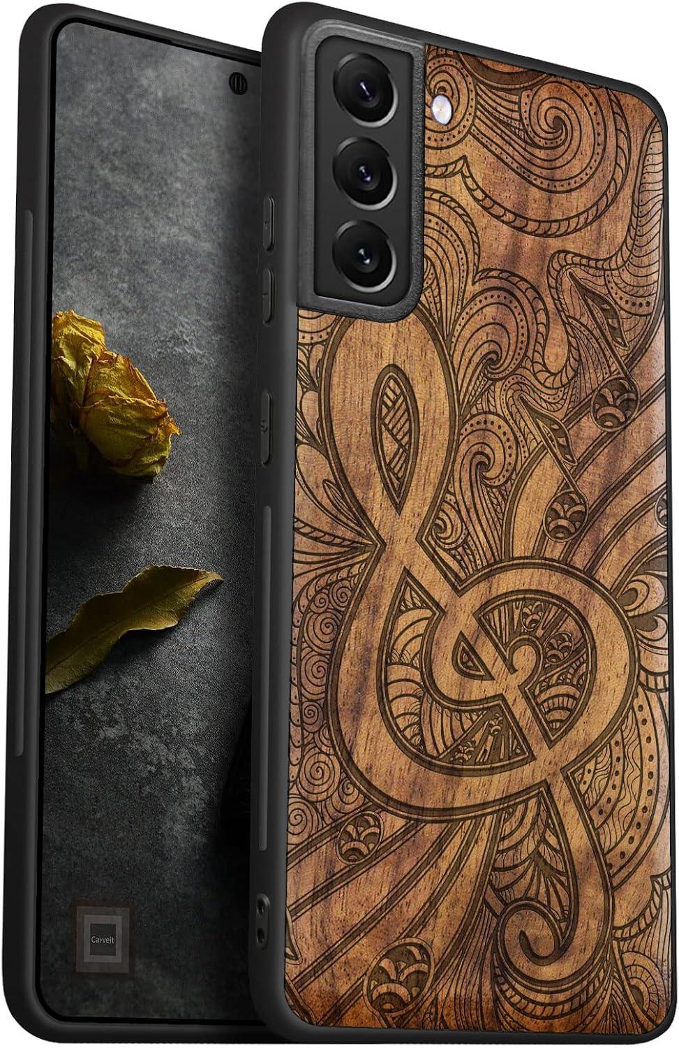 Carveit Wood Case for Galaxy S22 Plus Case [Natural Wood & Black Soft TPU] Shockproof Protective Cover Unique Wooden Design Compatible with S22 Plus (Doodle Musical Note-Walnut)