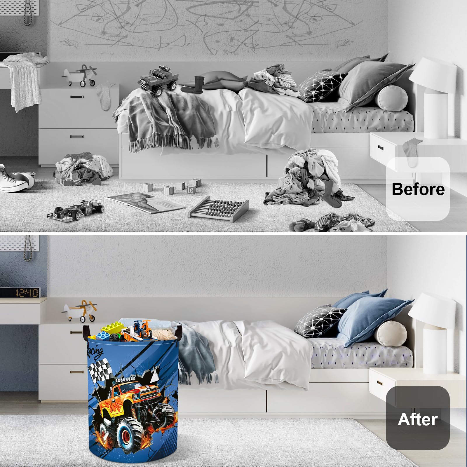 HUUMONSS Racing Car Baby Laundry Hamper with Handle Clothes Kids Storage Basket Collapsible Boys Gift Toy Box Bin for Nursery Room, Blue, 63L