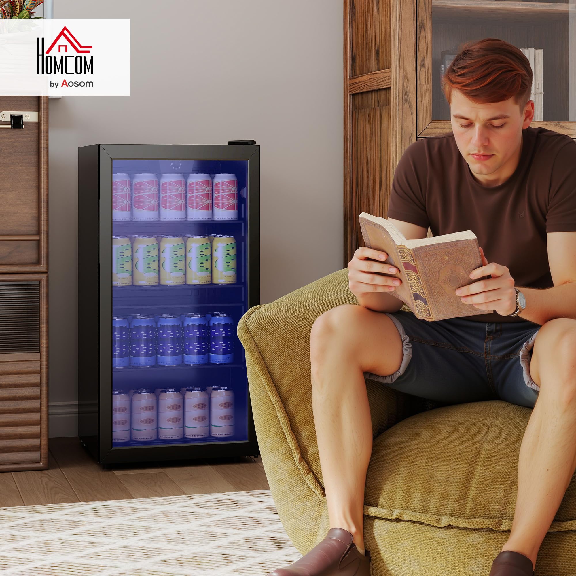 HOMCOM Réfrigérateur à Boissons 93 L, Frigo 115 Canettes, Porte Vitrée, Éclairage LED, Contrôle Température, Noir
