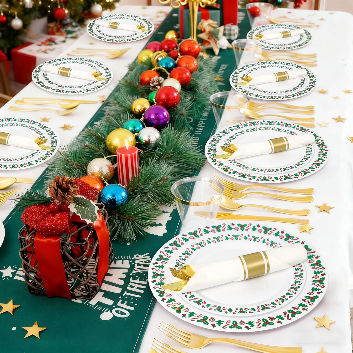 350pcs Christmas Disposable Plates & Cutlery Set - Plastic Plates, Tree Design, Gold Disposable Silverware, Clear Gold Cups for Holiday Celebrations