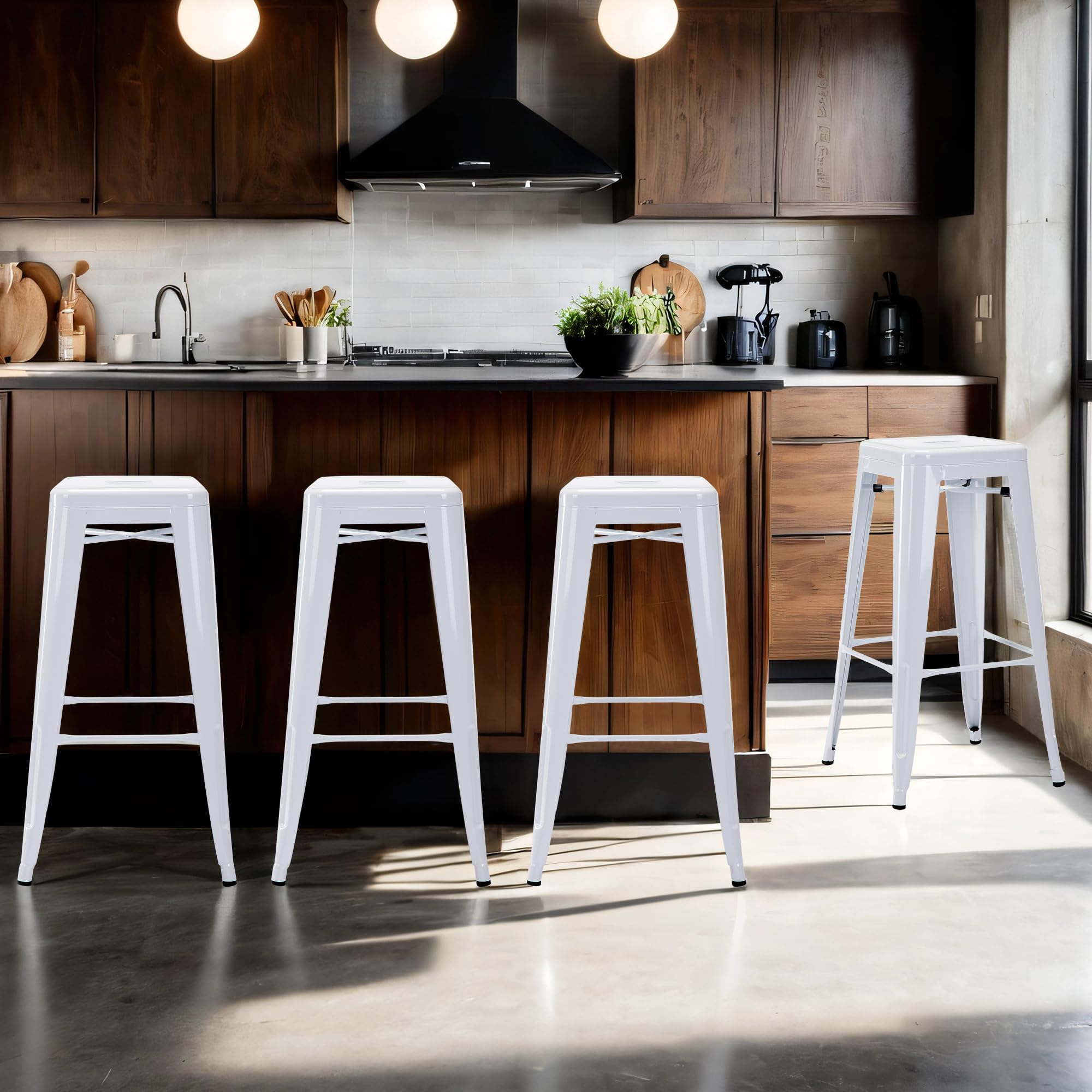 DUHOME Tabouret de Bar Industriel Chaise Salle à Manger Lot de 4 Tabouret Empilables Siège Bistrot Cadre en Métal pour Cuisine Restaurants (Blanc, 76cm)