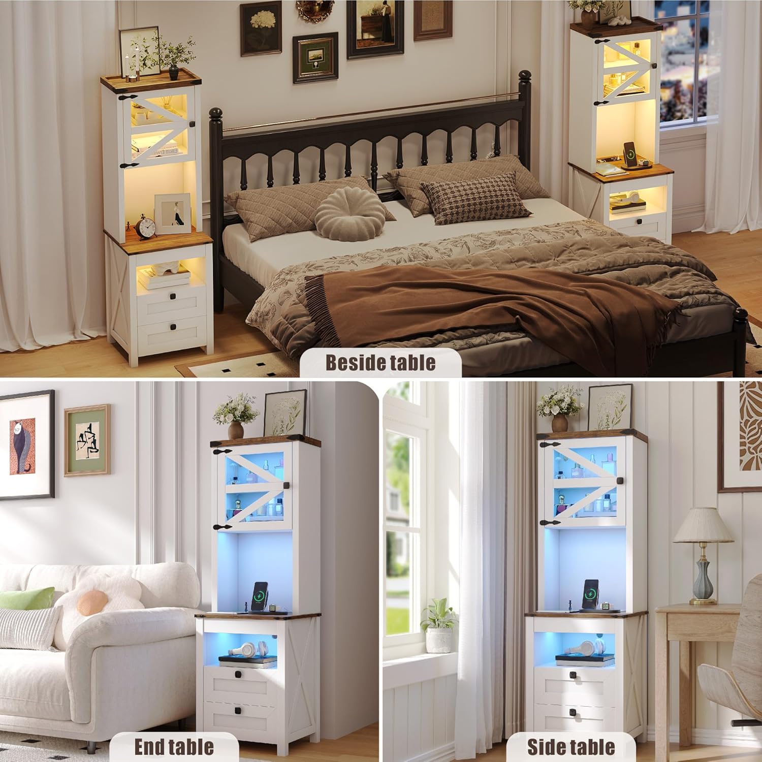 HWB Tall Nightstands Set of 2 with Gun Drawer, Farmhouse Night Stand with Charging Station and Storage Drawers, Bedisde Table with Led Lights for Bedroom, White