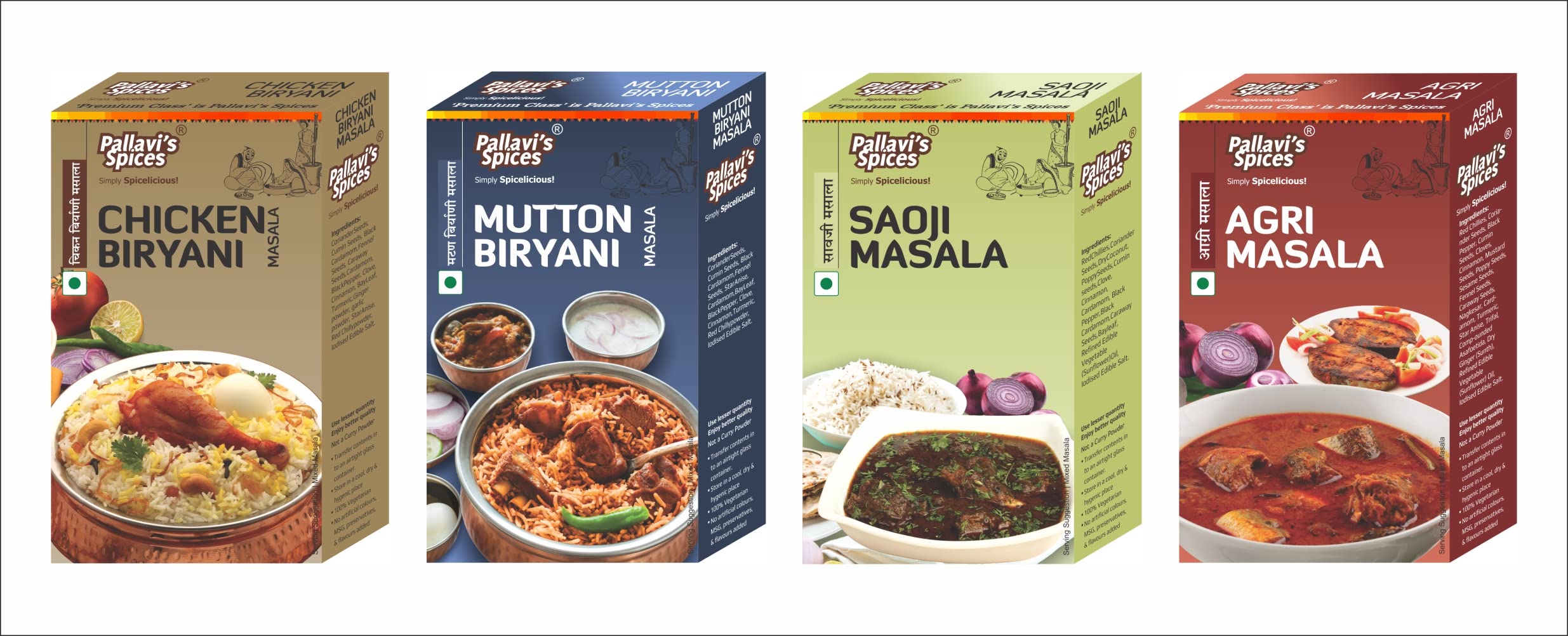 Pallavi's Spices Saoji Masala, Agri Masala, Chicken Biryani Masala, Mutton Biryani Masala, 1 each, 200g (Pack of 4)