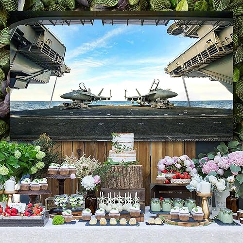 Miniatura 7 de Telón de fondo de portaaviones para decoraciones de fiesta azul marino, MEETSIOY de 10 x 7 pies, combate aéreo, tema militar, fondo para fotografía