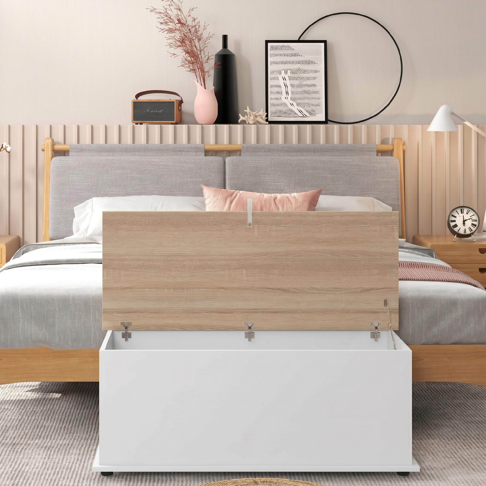 HOMCOM Baúl de Almacenaje Bisagra de Seguridad 100x40x40 cm Roble y Blanco | Banco de Almacenaje, Estilo Moderno, para Pasillo Dormitorio Salón