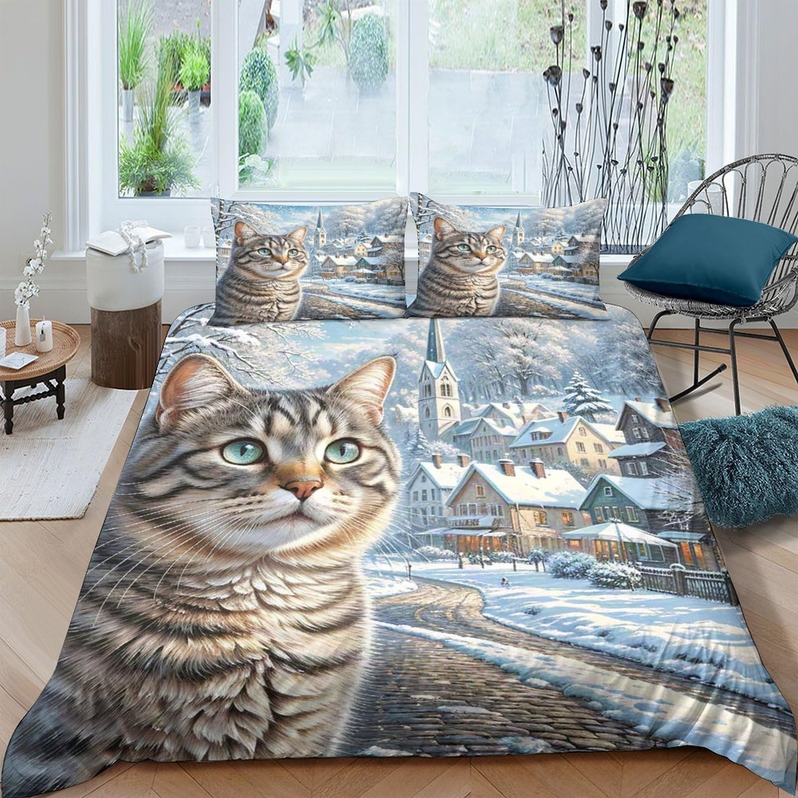 GPLZQXKJNH 3D Printed Tabby Cat Winter Village Duvet Cover Set Microfiber Soft Breathable Quilt Cover with 2 Pillowcases for Bedroom Home Single（135x200cm）