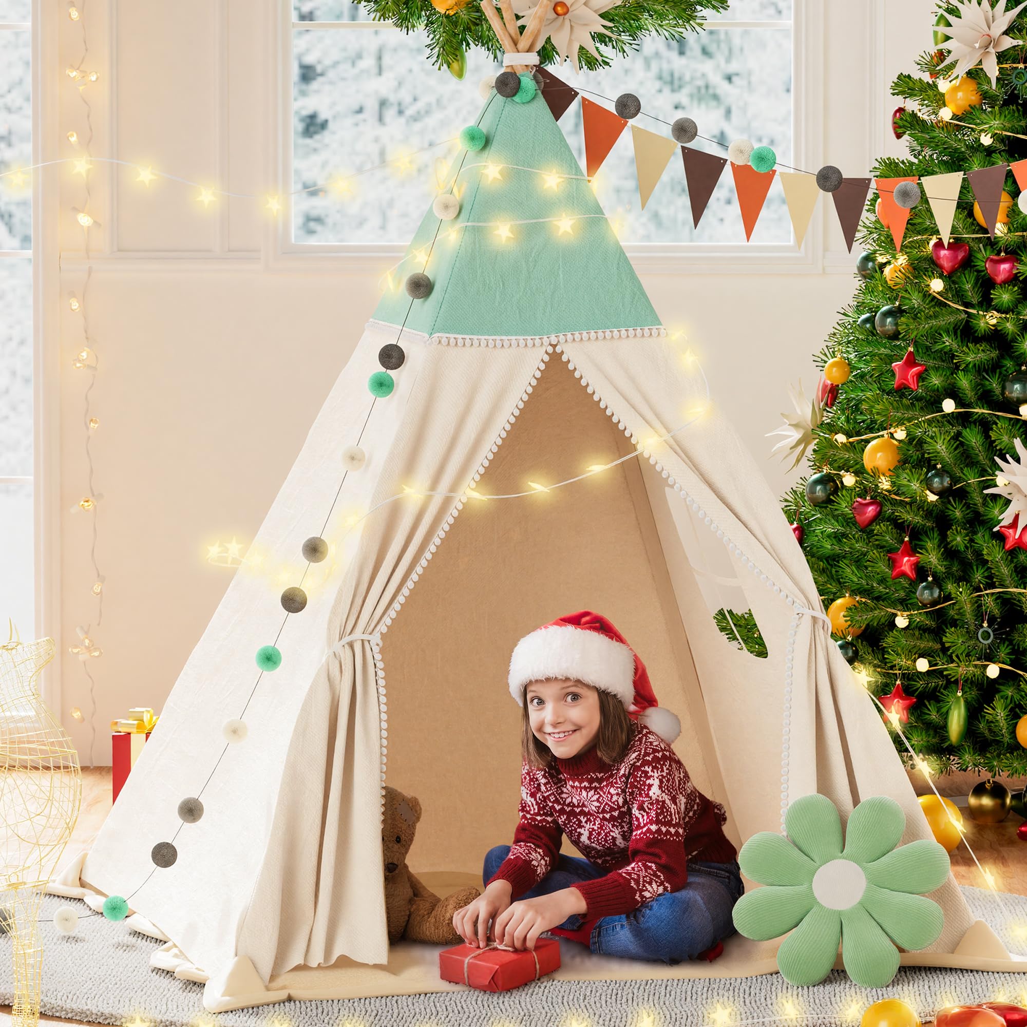 Tipi tenda per bambini, tenda da gioco con coperta imbottita, catena luminosa, borsa per il trasporto, stile Montessori, per bambini, colore: verde chiaro