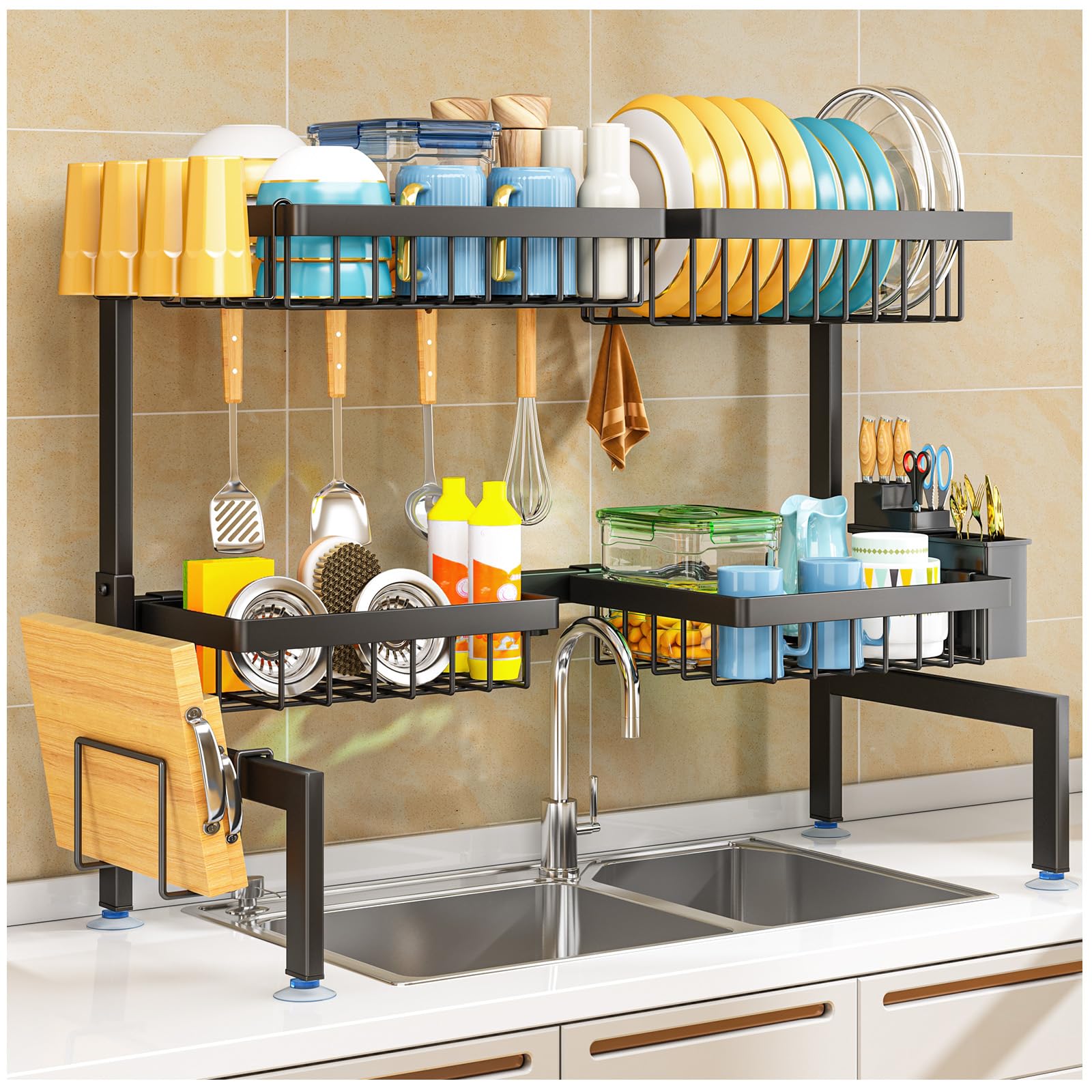 Dish Drainer Rack - Over the Sink Dish Drying Rack with 4 Basket, 2-Tier Expandable (24.8 "-35.4") Kitchen Dish Rack with Metal Hook, Black
