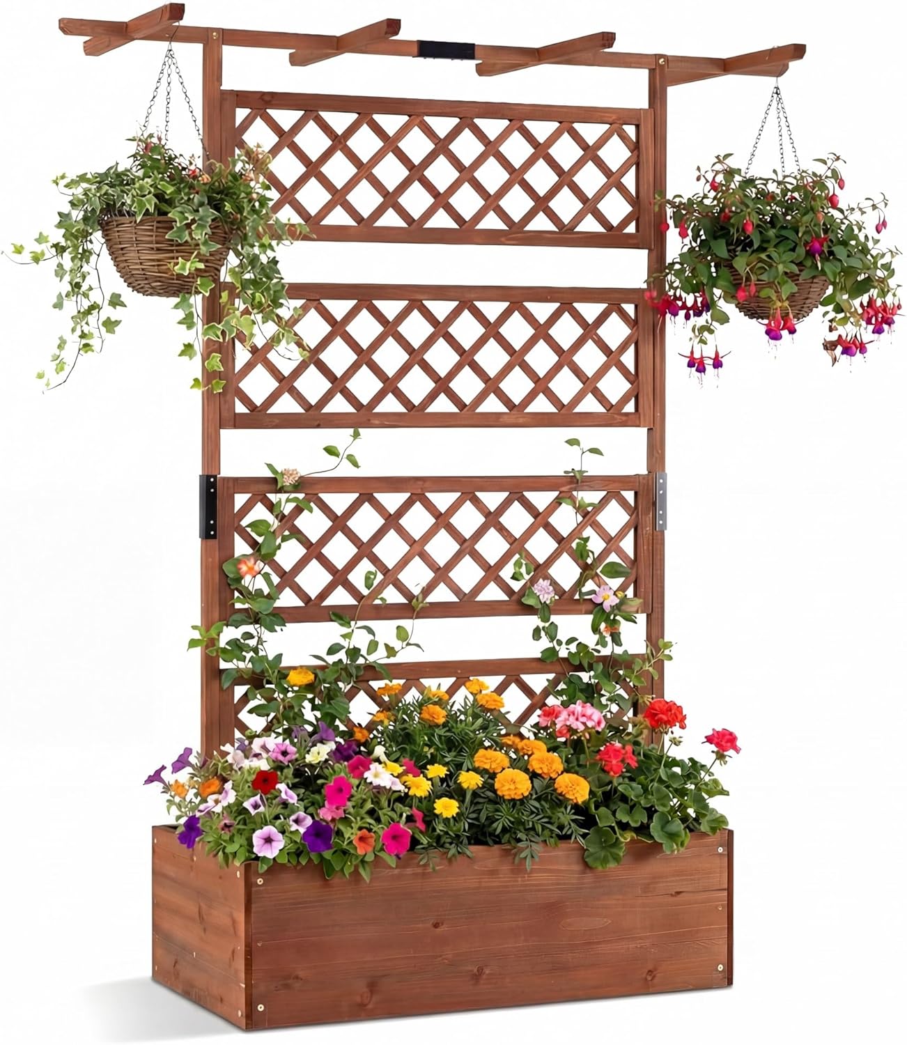 COSTWAY Wooden Raised Garden Planter with Trellis and Roof, 72" Freestanding Privacy Screen & Climbing Plant Support for Outdoor Patio, Balcony, Vegetable, Herb, and Flower Gardening (Brown,1)