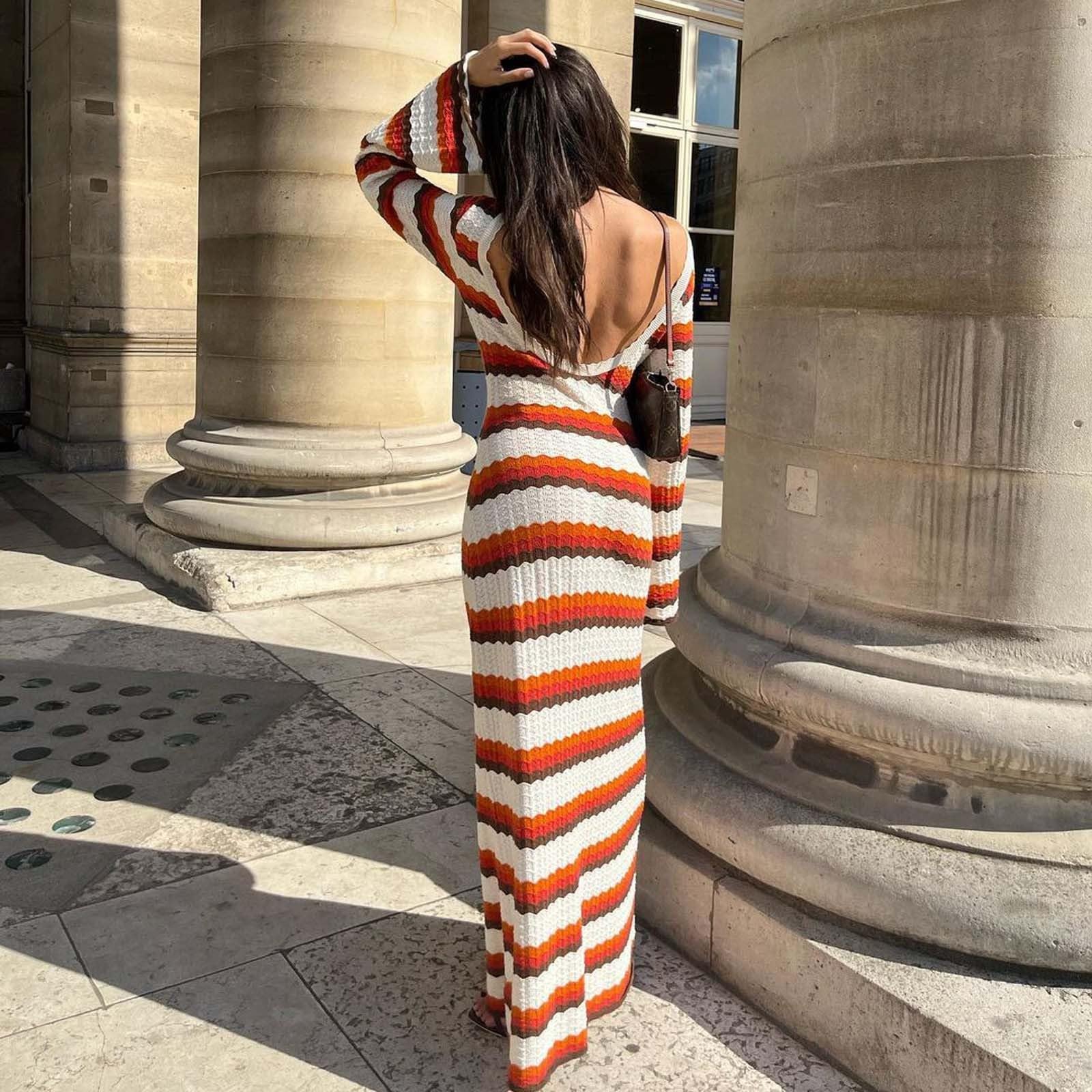 Abito lungo sexy da donna a righe a contrasto in spiaggia vacanza lavorato a maglia scava fuori