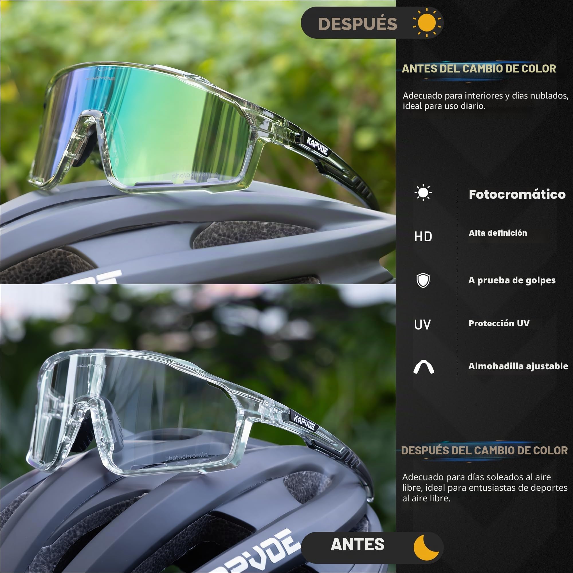 KAPVOE Gafas Ciclismo Fotocromáticas Lente y Montura UV400 Color Verde K76 | Lente & montura fotocromáticas, lente transparente a verde CAT.1-CAT.2, UV400, almohadilla regulable