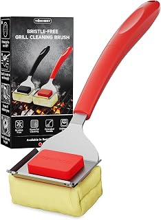 TISHIHERY Bristle-Free Grill Brush with Scraper - Safe Steam BBQ Cleaner, Replaceable Kevlar Head for All Grates, Red