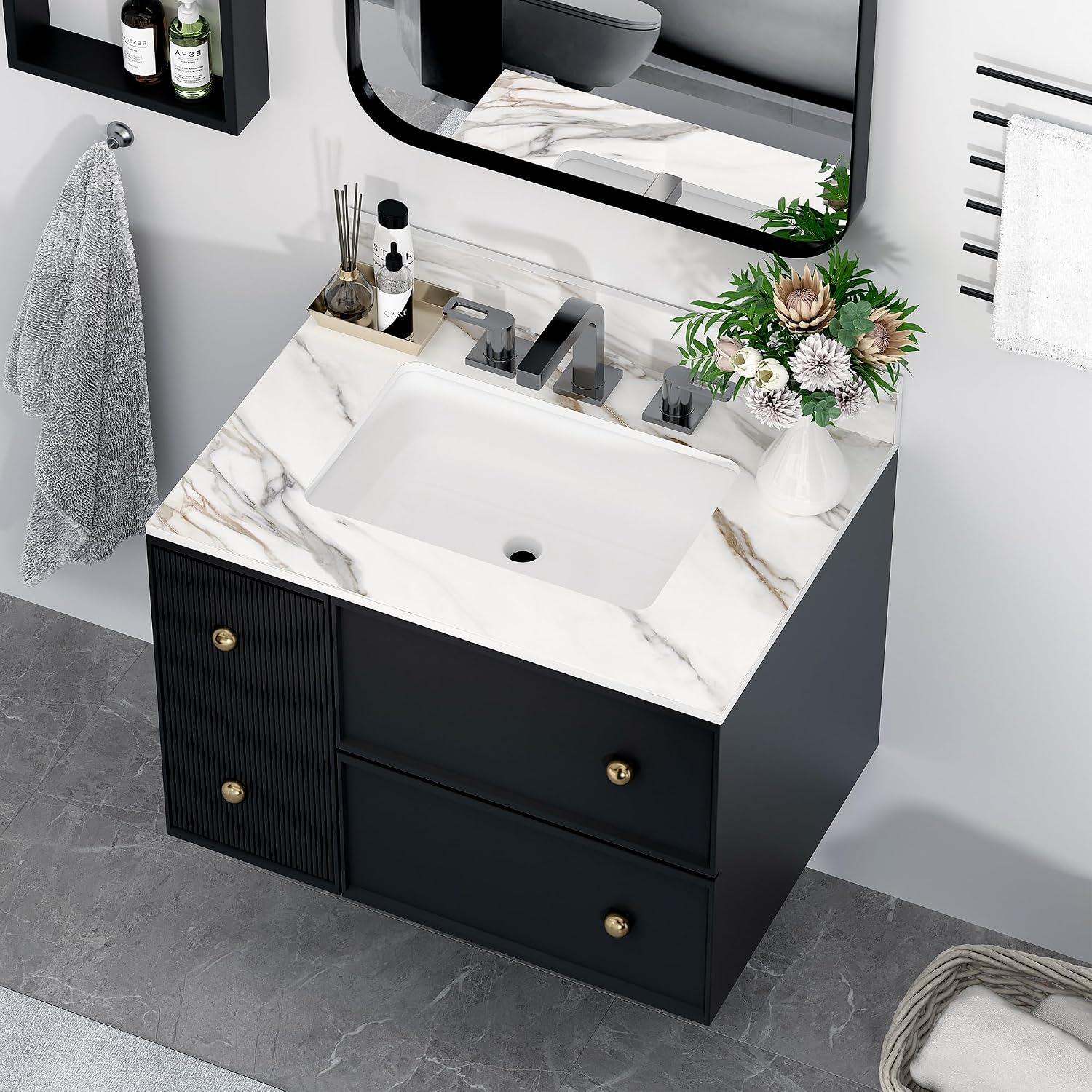Montary 31"x 22" Bathroom Vanity Top with Undermounted Large Ceramic Sink & Backsplash, Sintered Stone Artificial Marble Vanity Sink Tops with 3 Pre-Drilled Hole, Gray Gold Veins