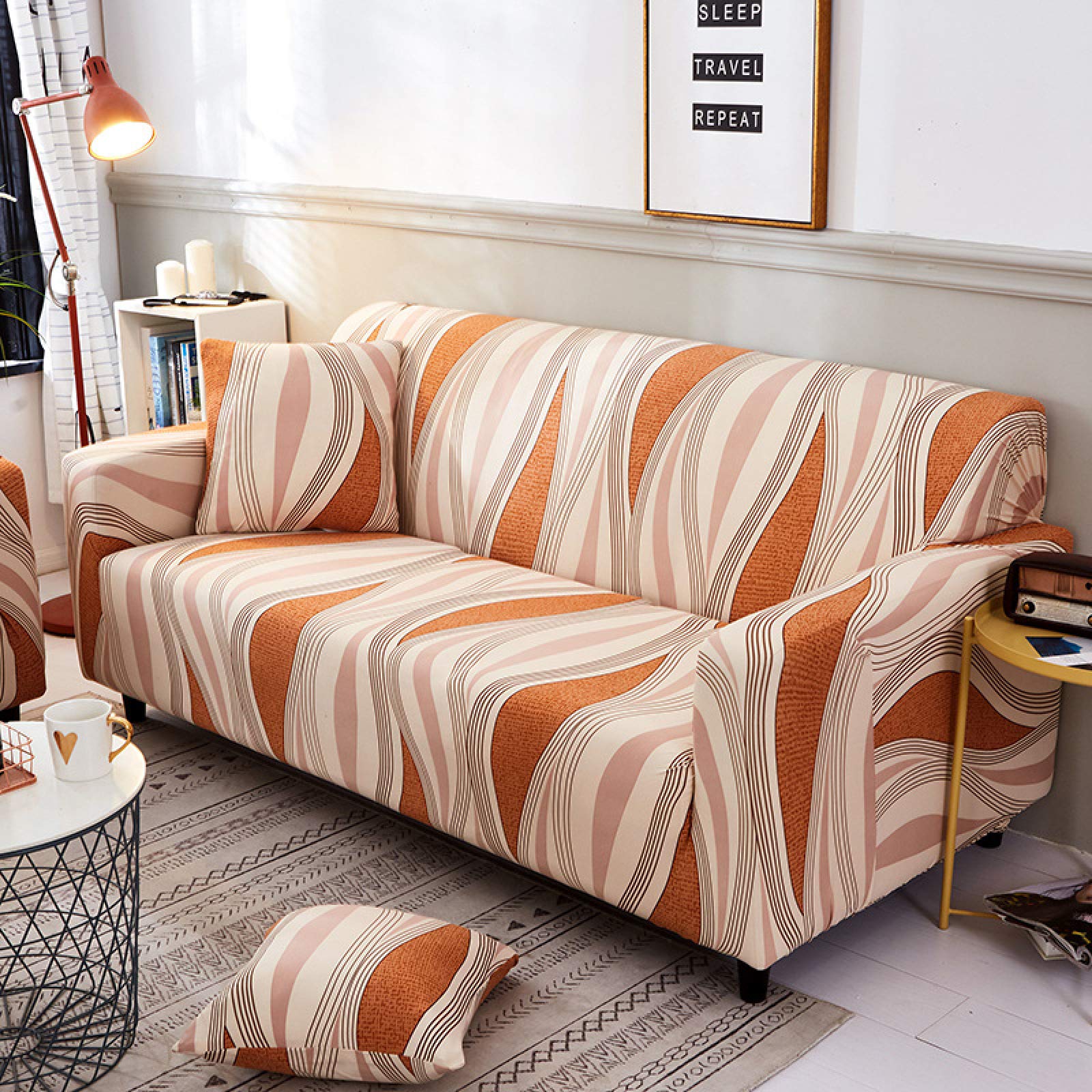 Housse de canapé 3 places amovible lavable d'angle extensible orange