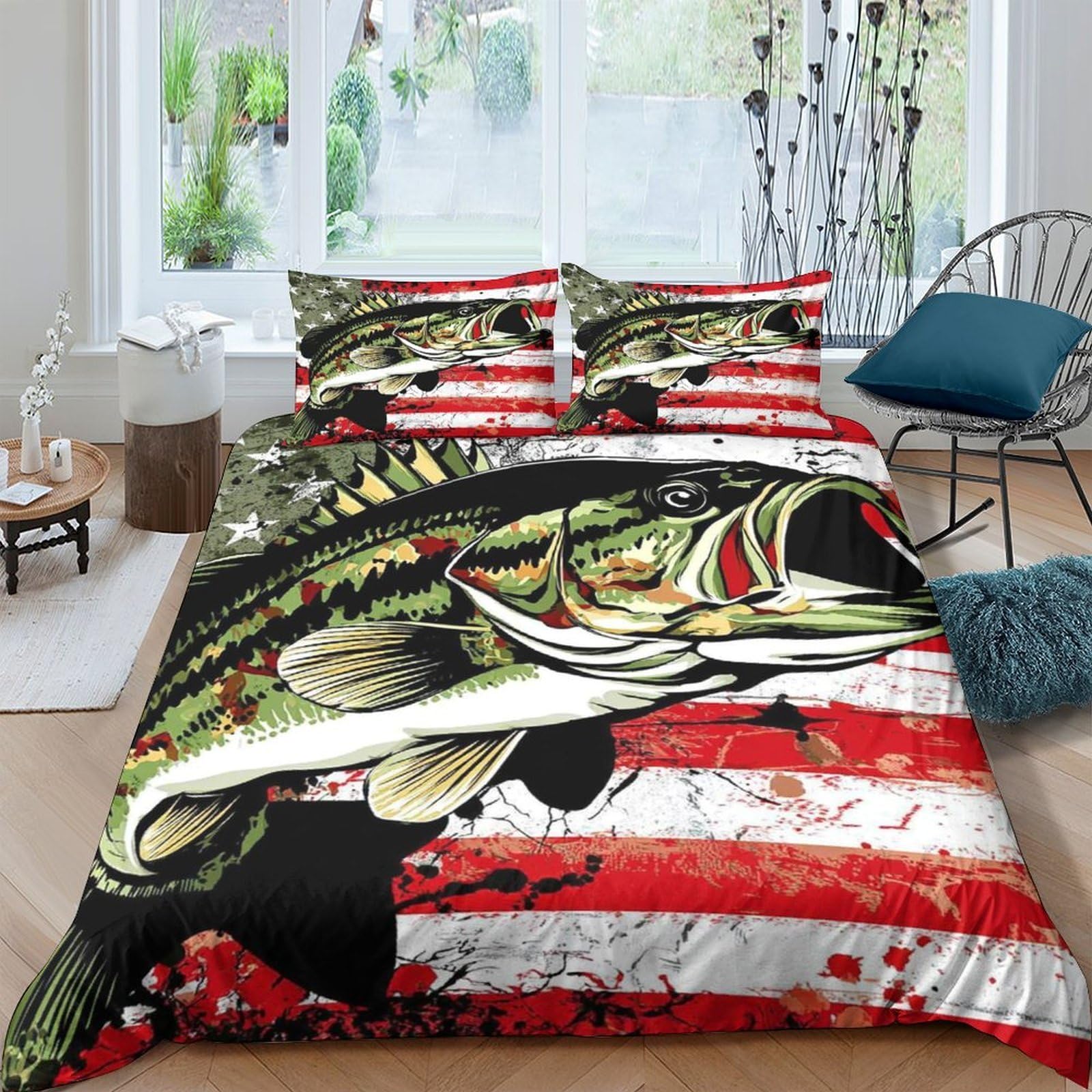 Ctjqhvkz Style-6 3D Printed American Flag Bass Fitted Sheet Microfiber Soft Bedroom Decor Fish Pattern Mattress Cover Single（135X200cm）