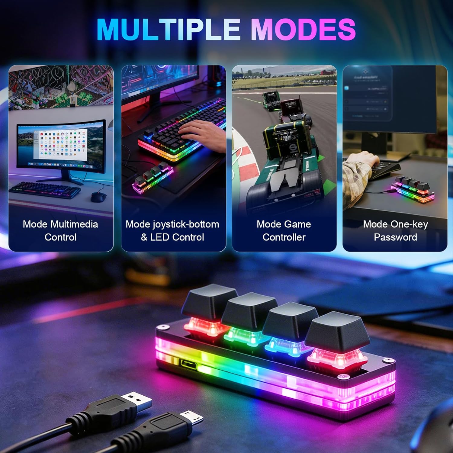aikeec Black Mini 4-Key Keypad Mechanical Gaming Keyboard, Self Programming,OSU Hot Swap Game Keyboards with 1.5m USB-C Data Cable（Upgrade Cherry Shaft &RGB LED）