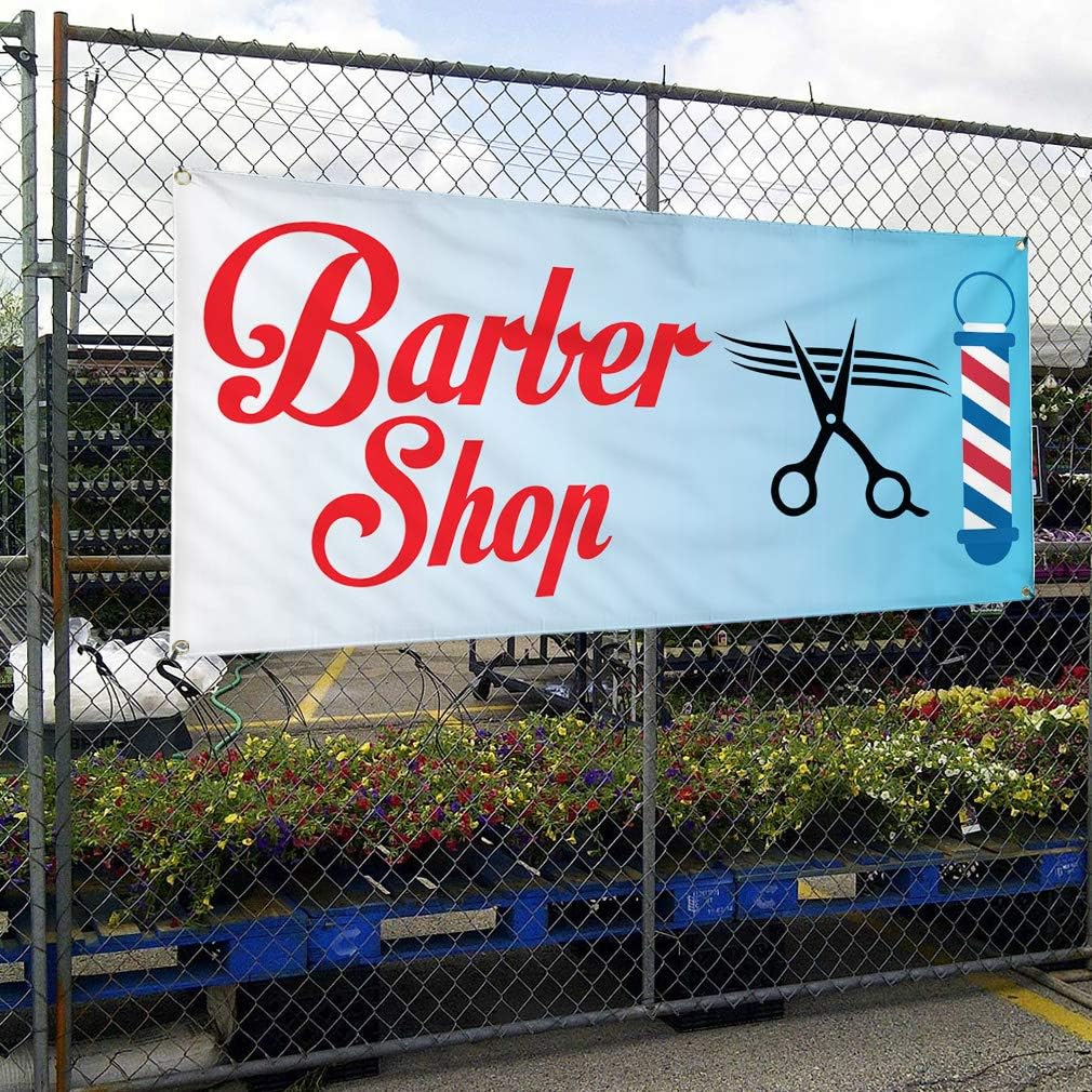 Vinyl Banner Multiple Sizes Barber Shop Business B Business Outdoor Weatherproof Industrial Yard Signs Red 4 Grommets 16x40Inches