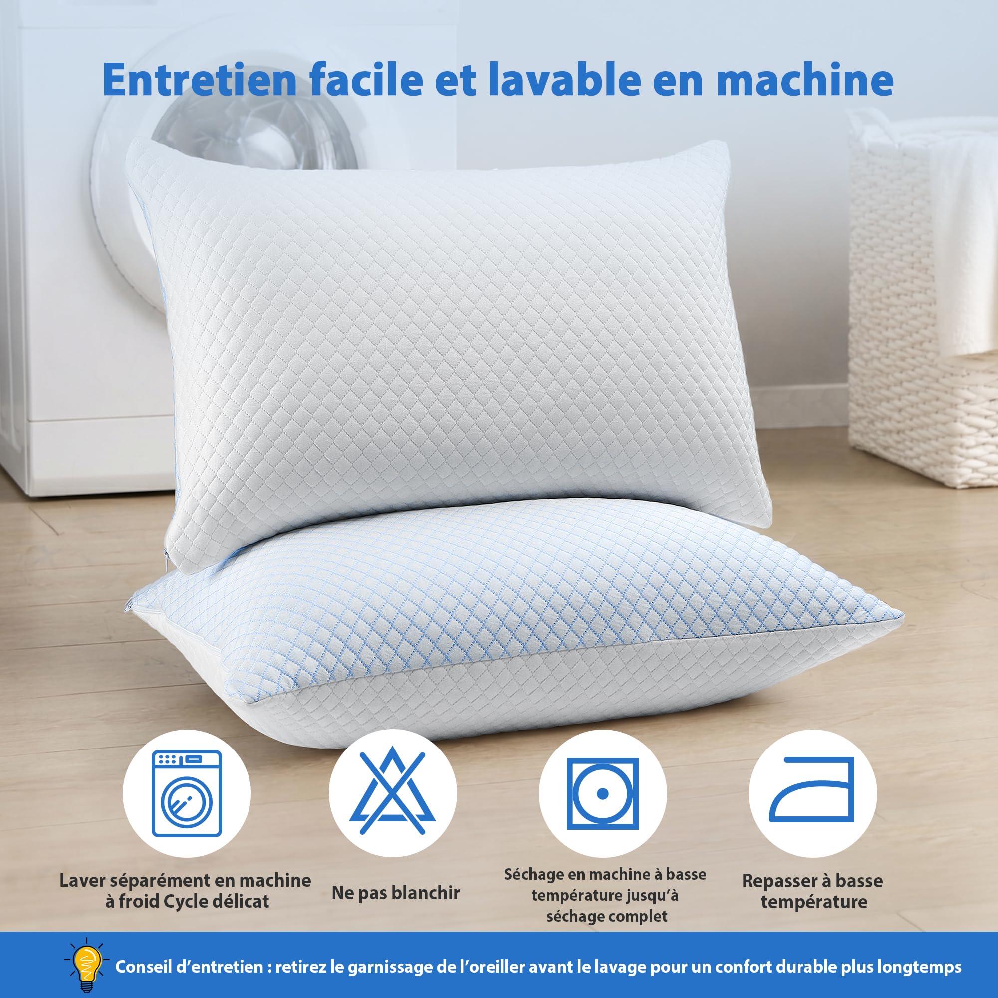 UNIKOME Oreiller rafraîchissant 50x70CM Lot de 2, Oreiller en Mousse à mémoire de Forme Double Face, Oreiller rafraîchissant Froid/Chaud Amovible, Bleu l'été/Automne, Blanc Le Printemps, Oeko-Tex