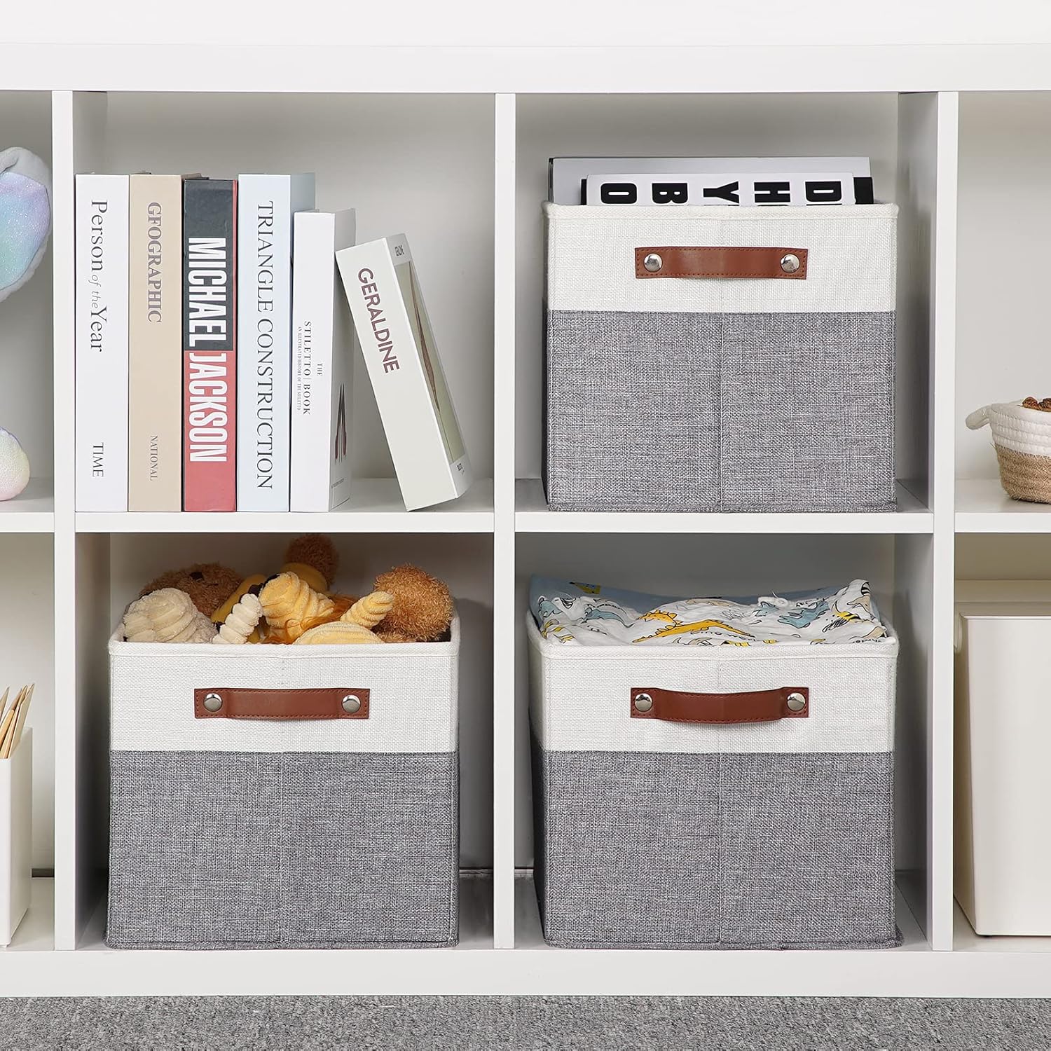 HNZIGE Cube Storage Bins for Shelves 3 Pack Fabric Storage Baskets, Collapsible Cube Boxes Baskets for Organizing with Sturdy Handles for Closet Living Room Bedroom(15×11×9.5, White & Gray) -