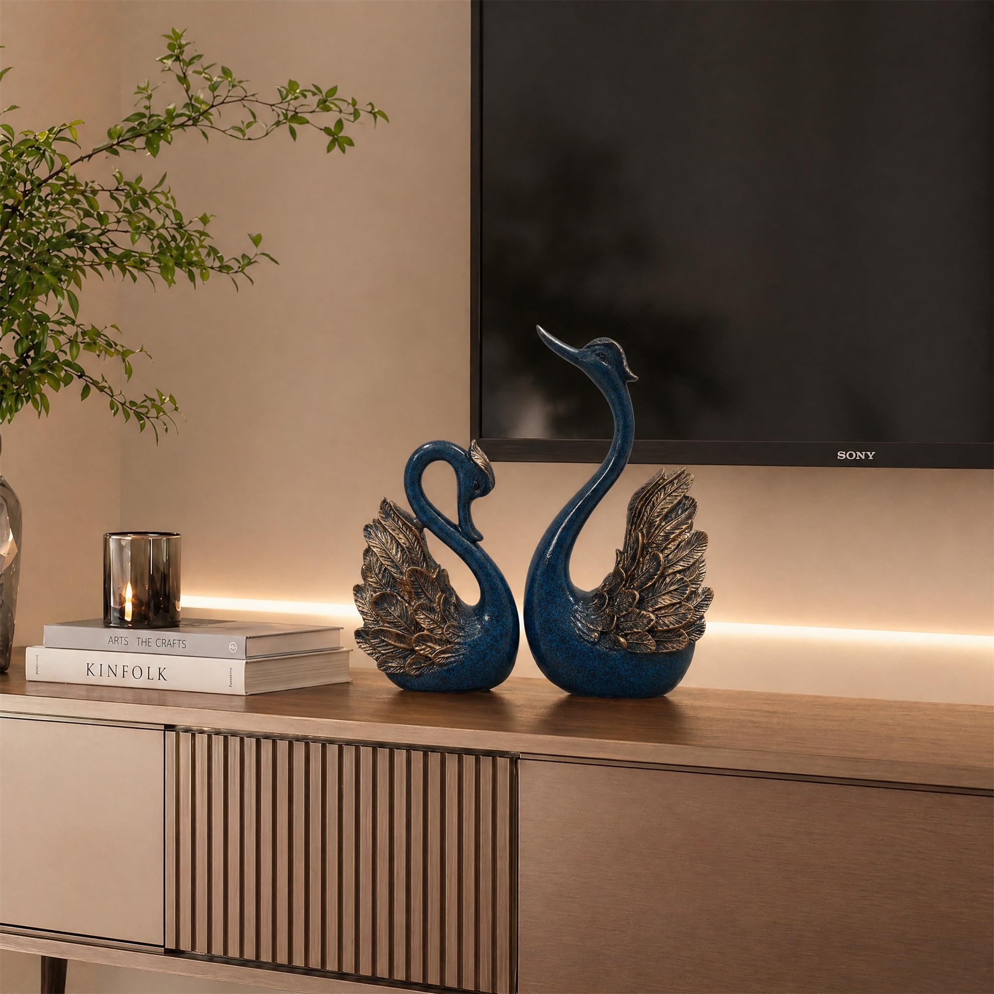 2 statue di cigni per la casa di coppia, decorazioni per la casa per soggiorno e accessori, sculture per la casa per tavolino da caffè, accenti decorativi per scaffali per libri (blu)