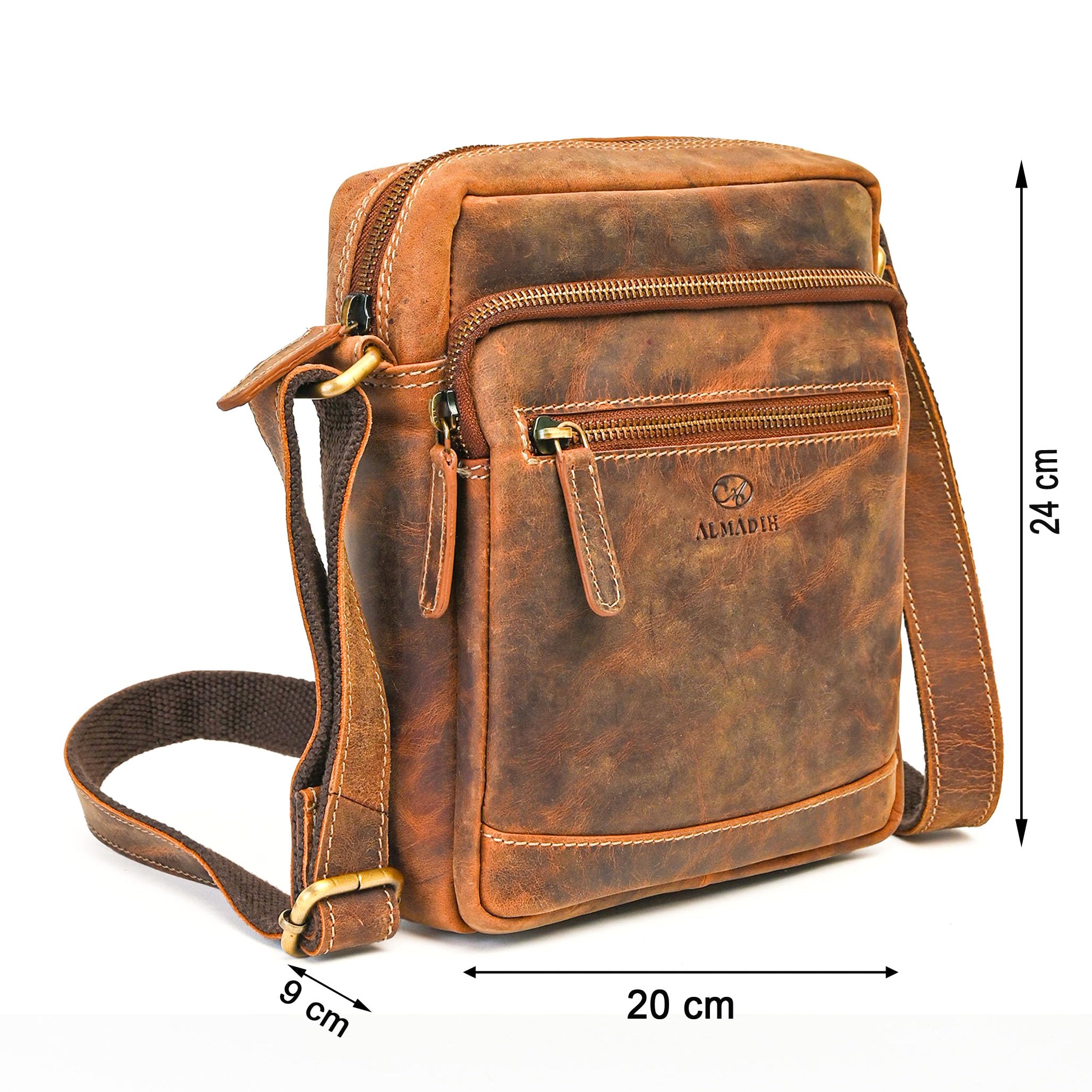 ALMADIH kleine Leder Umhängetasche Herren 9.7 Zoll iPad – EMIL braun - Kompakte Ledertasche für Reisen & Alltag Messenger Schultertasche Freizeittasche Tablet Herrentasche Damen