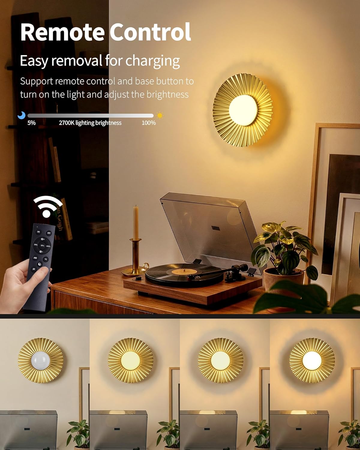 PUSU Cordless Gold Wall Sconces Set of 2, Battery Operated 5200mAh Rechargeable LED Round Pleated Dimmable Small Wall Light Lamps, Lighting for Hallway, Living Room, Bedroom, Home Decor, Night Light
