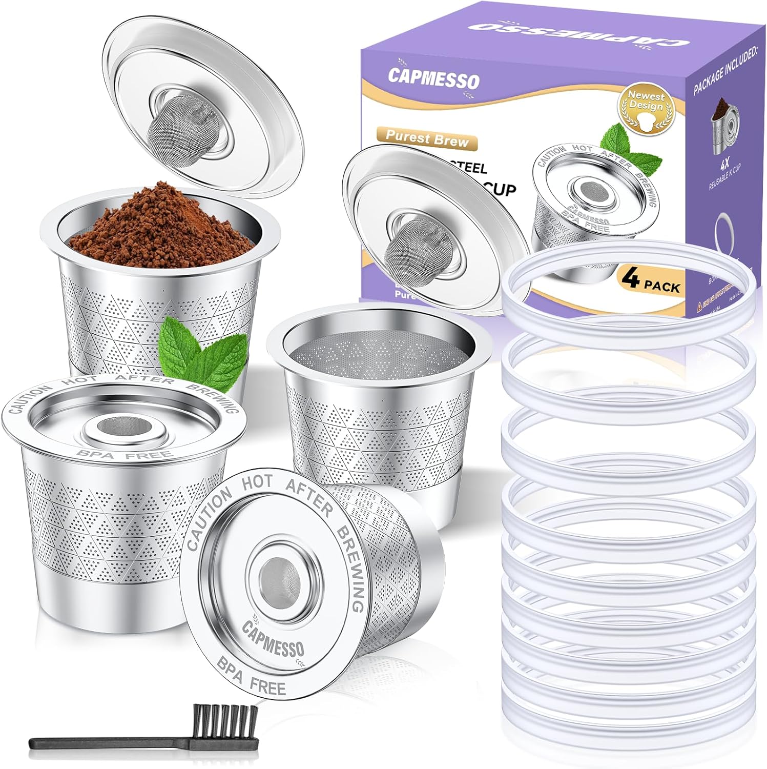 CAPMESSO Reusable K Cups with 20pcs Silicone Gaskets: Stainless Steel Reusable Coffee Pods - Dual-Mesh Refillable Coffee Filter for Richer Coffee NO Grit