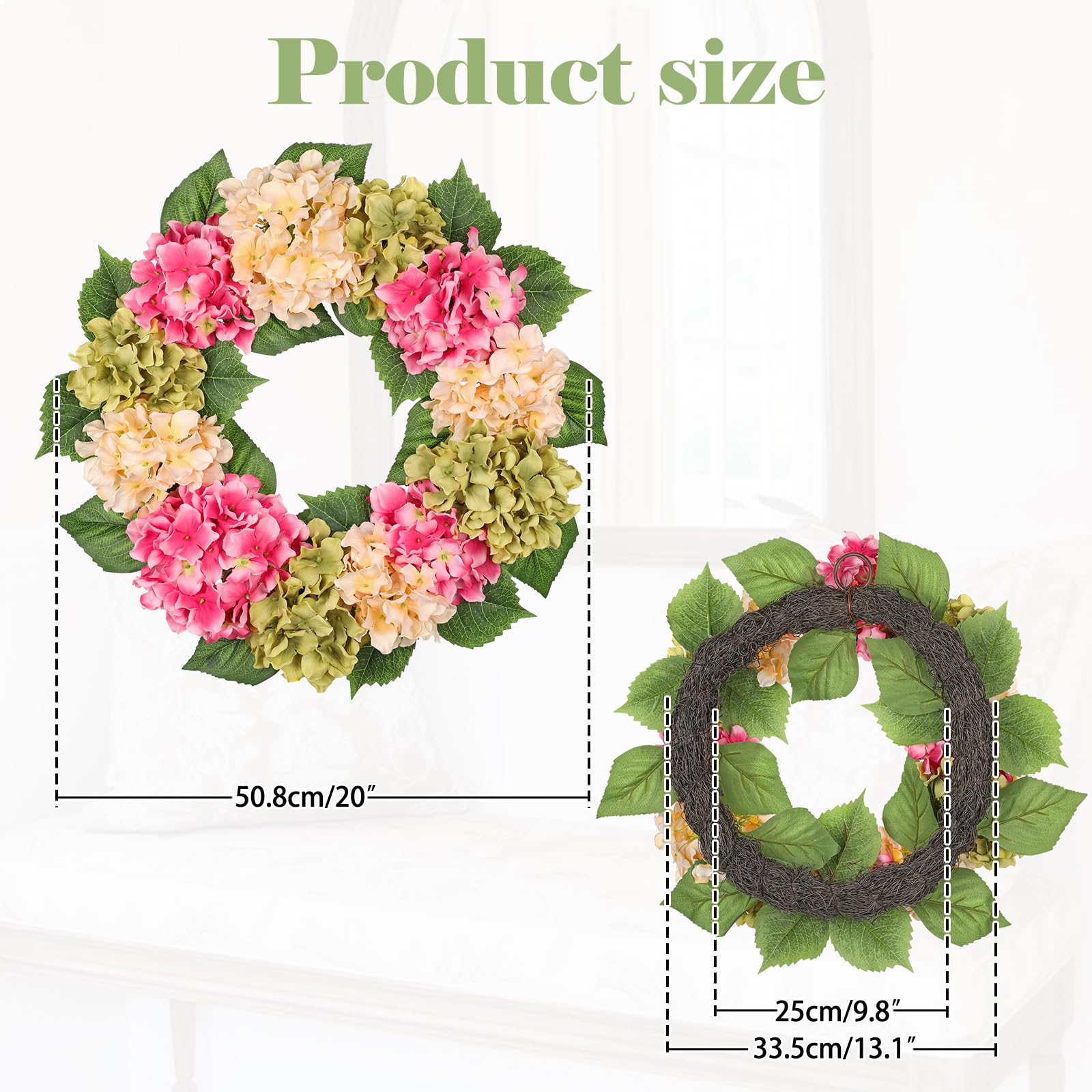 50cm Künstliche Hortensie Kranz Faux Blume Kranz, Faux Rosa Beige Grün Hortensie Dekorativen Kranz für Haustür, Mantel, Wand, Bauernhof Deko