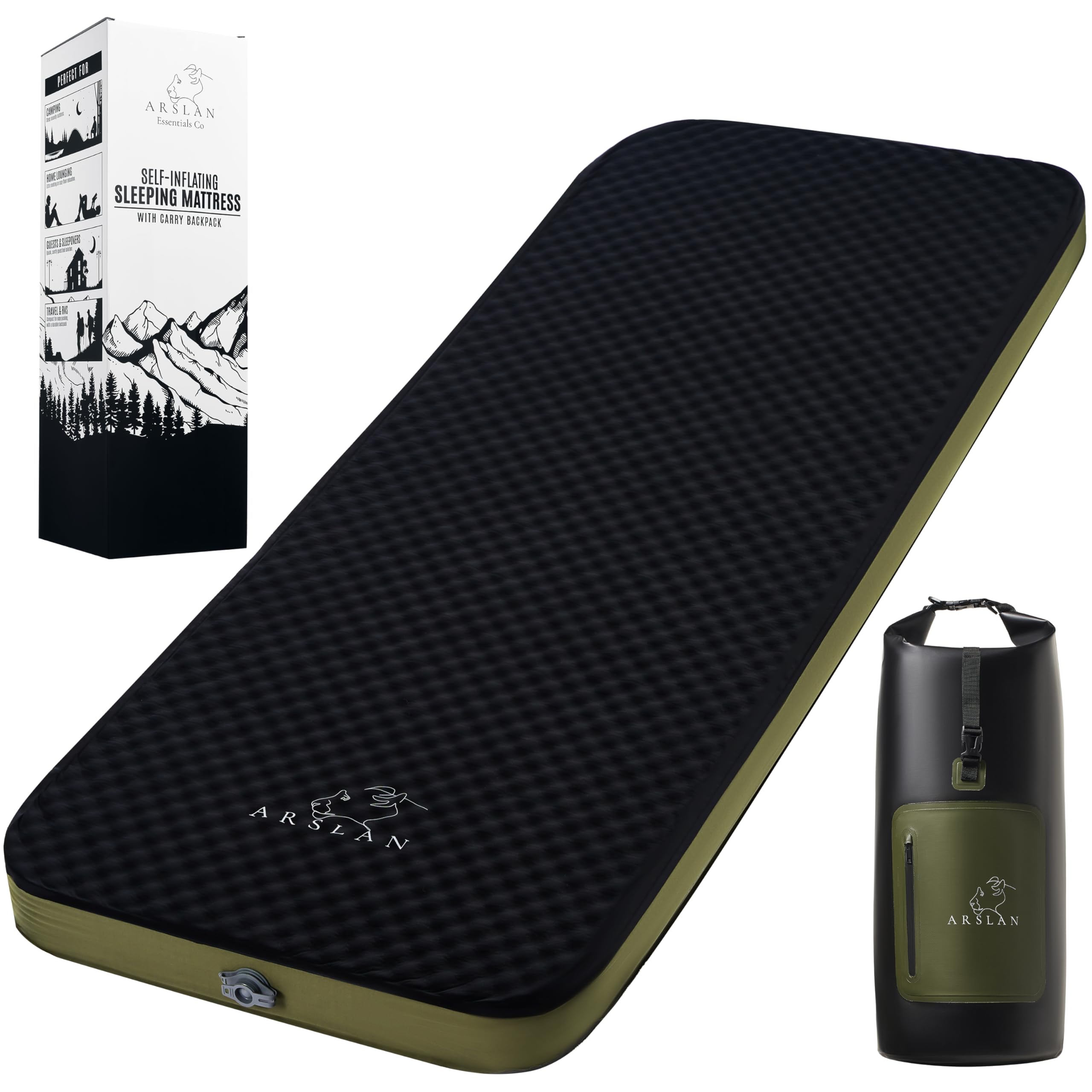 Arslan Essentials Co Self-Inflating Sleeping Pad – 4” Thick Memory Foam Camping Mattress with Waterproof Backpack – Portable Sleeping Mat for Backpacking, Tents, SUVs & Trucks