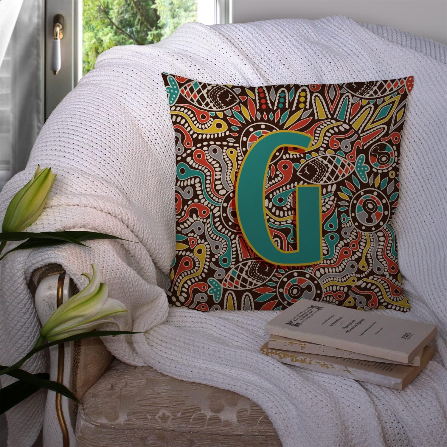 Caroline's Treasures CJ2013-GPW1414 Letter G Retro Tribal Alphabet Initial Fabric Decorative Pillow 100% Machine Washable Pillow, Indoor or Outdoor Decorative Throw Pillow for Couch, Bed or Patio