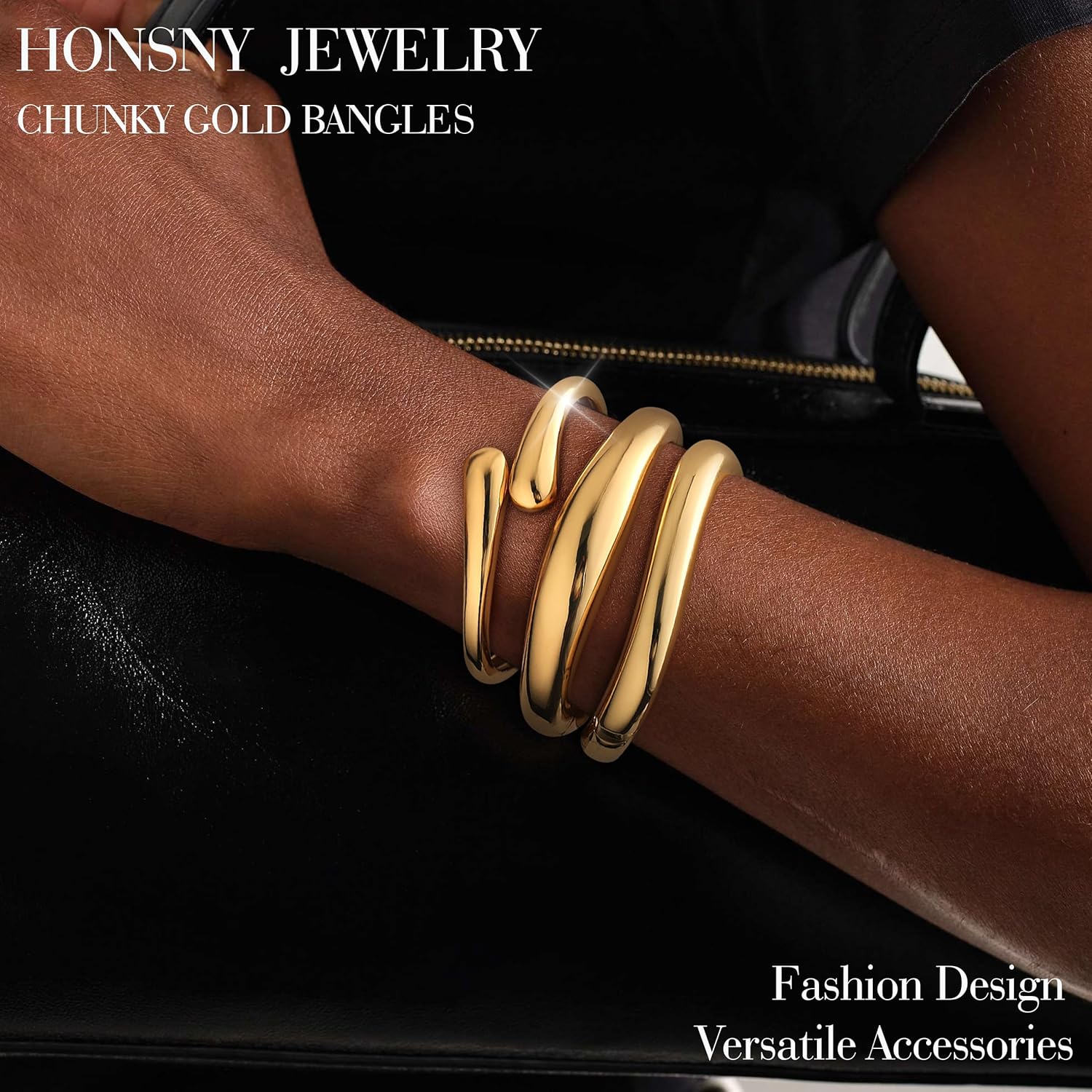 Honsny 2-3Pcs Chunky Gold Bangle Bracelets for Women Non Tarnish Stackable 14K Gold Plated Charm Cuff Bracelet Stack for Women Trendy Dainty Big Bangles Waterproof Jewelry Fashion Gifts - Image 2