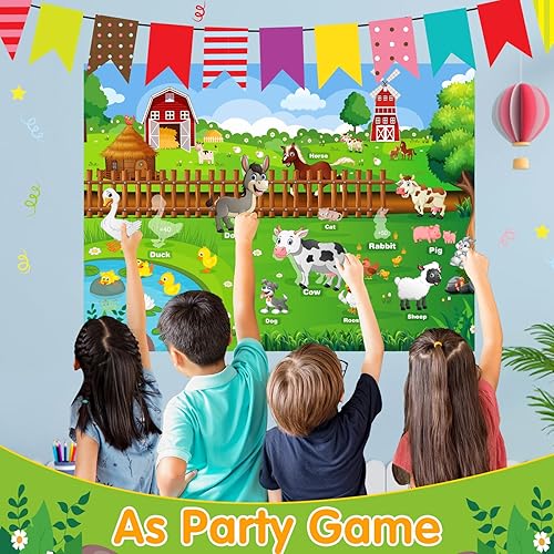 Miniatura 4 de ASTARON Pin The Farm Animal Game - Suministros de fiesta de cumpleaños de animales, 60 calcomanías de animales de 21 x 28 pulgadas, pósteres de