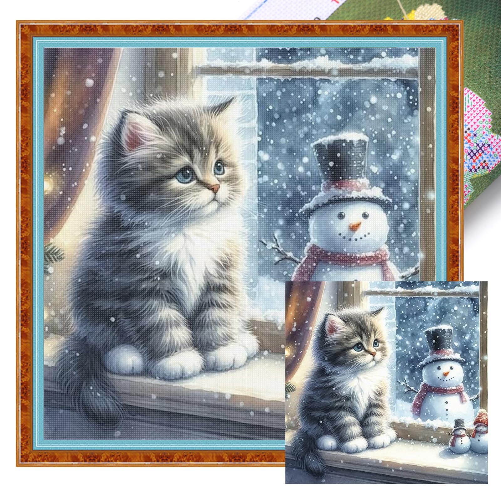Poetrydraw Kitten And Snowman A Kitten And Snowman Full 11Ct 3 Strands Diy Stamped Cross Stitch Kits 40X40cm (A) (Kitten And Snowman A)