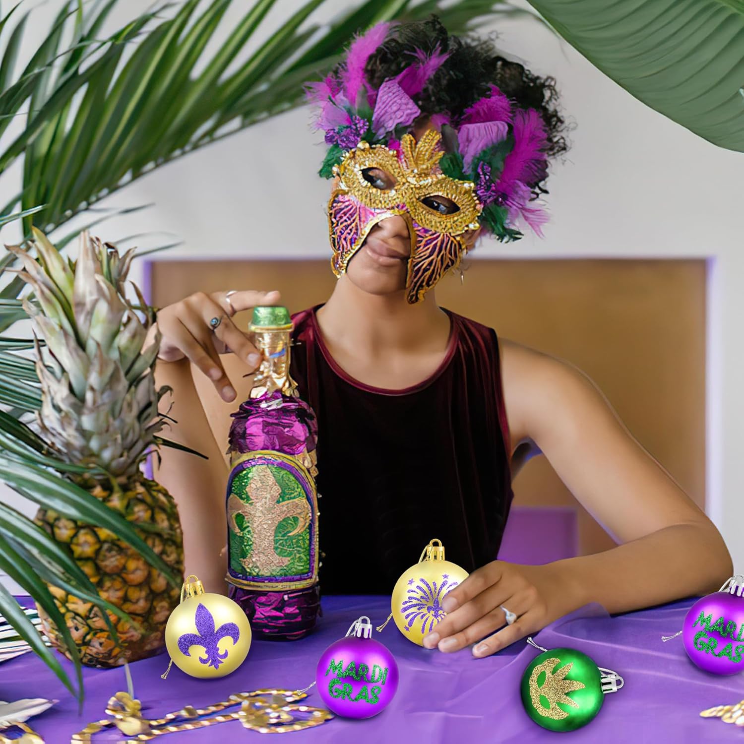 12PCS Mardi Gras Ball Ornaments - 2.36" Glitter Purple Green Gold Home Tree Baubles Ornaments Shatterproof Hanging Ball - Mardi Gras Decorations for New Orleans Masquerade Party Decor - Image 6