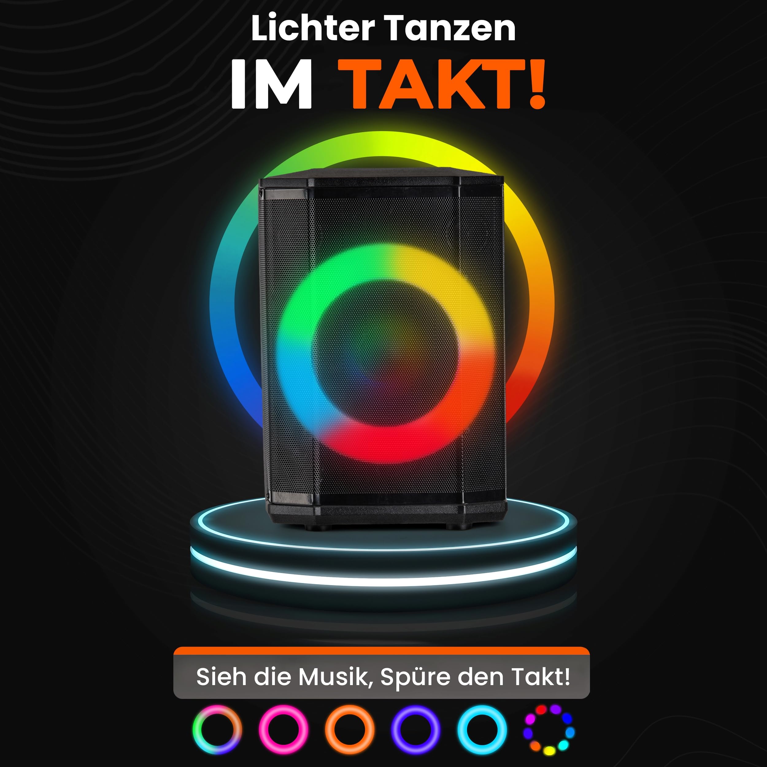 Pyle Partybox Bluetooth Lautsprecher 120W TWS – Kompakte PA Anlage mit kraftvollem Sound, LED Lichteffekte, Stativ, USB, Micro SD, FM Radio