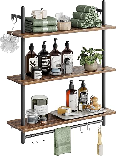 Miniatura 7 de Bestier - Estantería industrial de 3 niveles para tubos, estantes flotantes para libros para pared, estantes colgantes de almacenamiento con barra