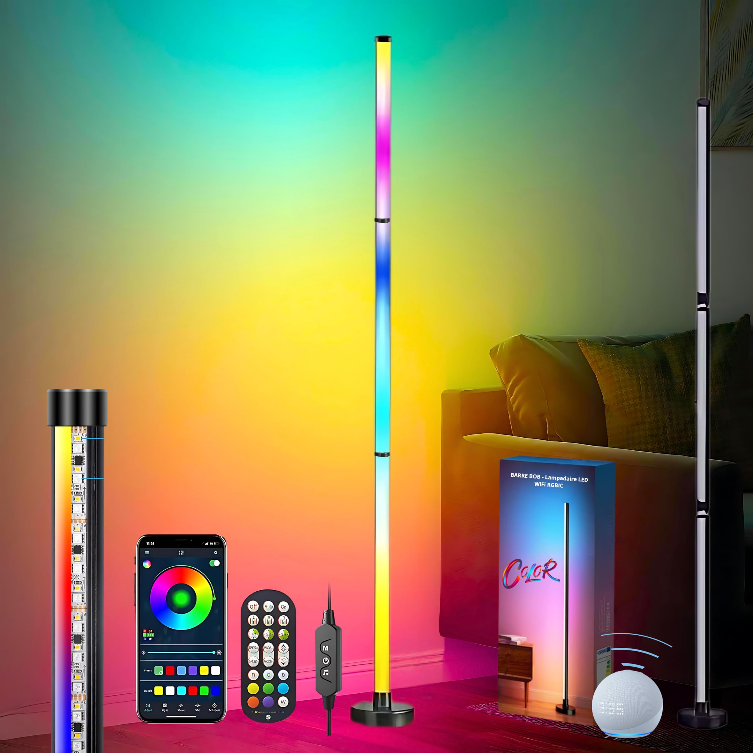 Lampadaire LED Connecté 122 cm Télécommande App Éclairage d'Ambiance Moderne