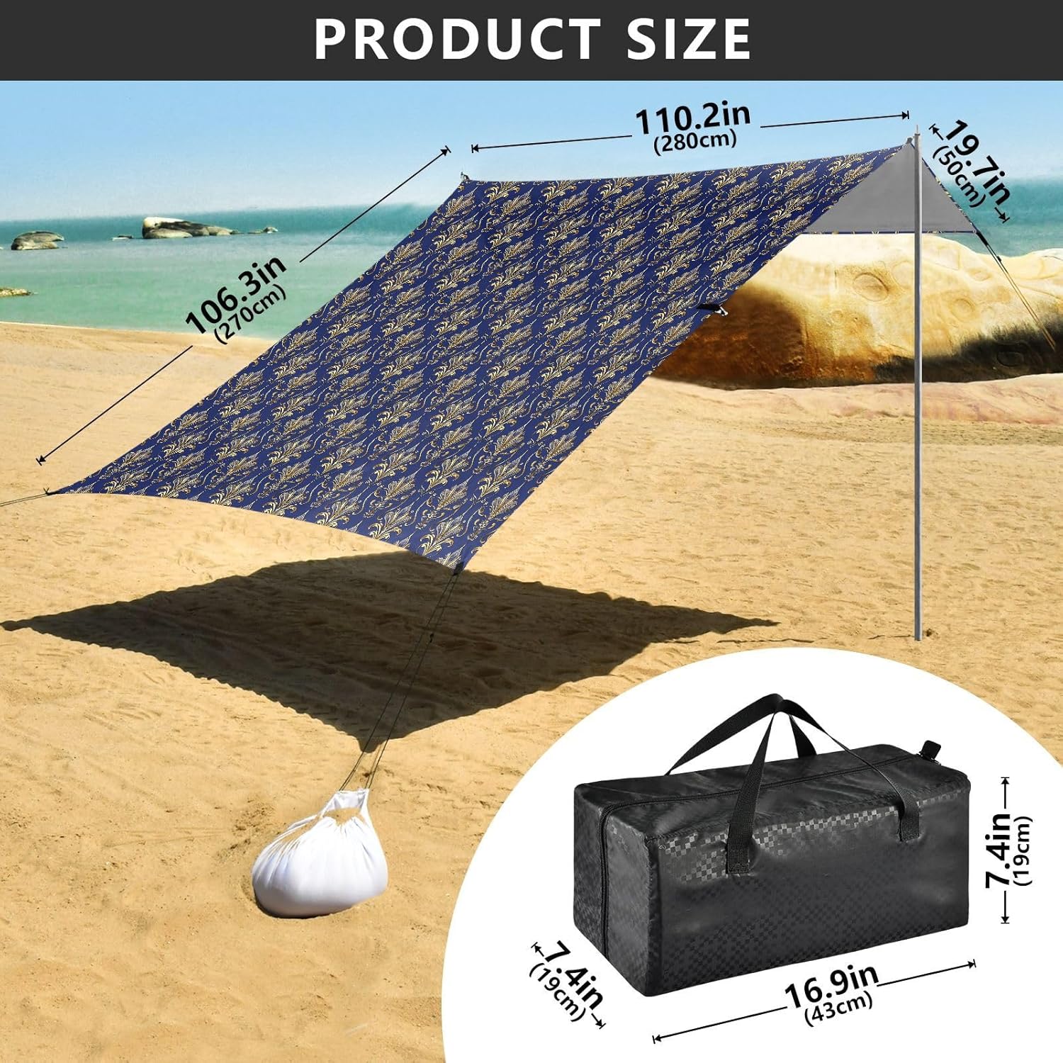 ALAZA Golden Damask Art Deco Floral Beach Tent Sun Shelter UPF50+ Protection Beach Shade Canopy w/ 4 Sandbags for Outdoor Camping, Fishing, Backyard Fun, Picnic, 10x9 ft