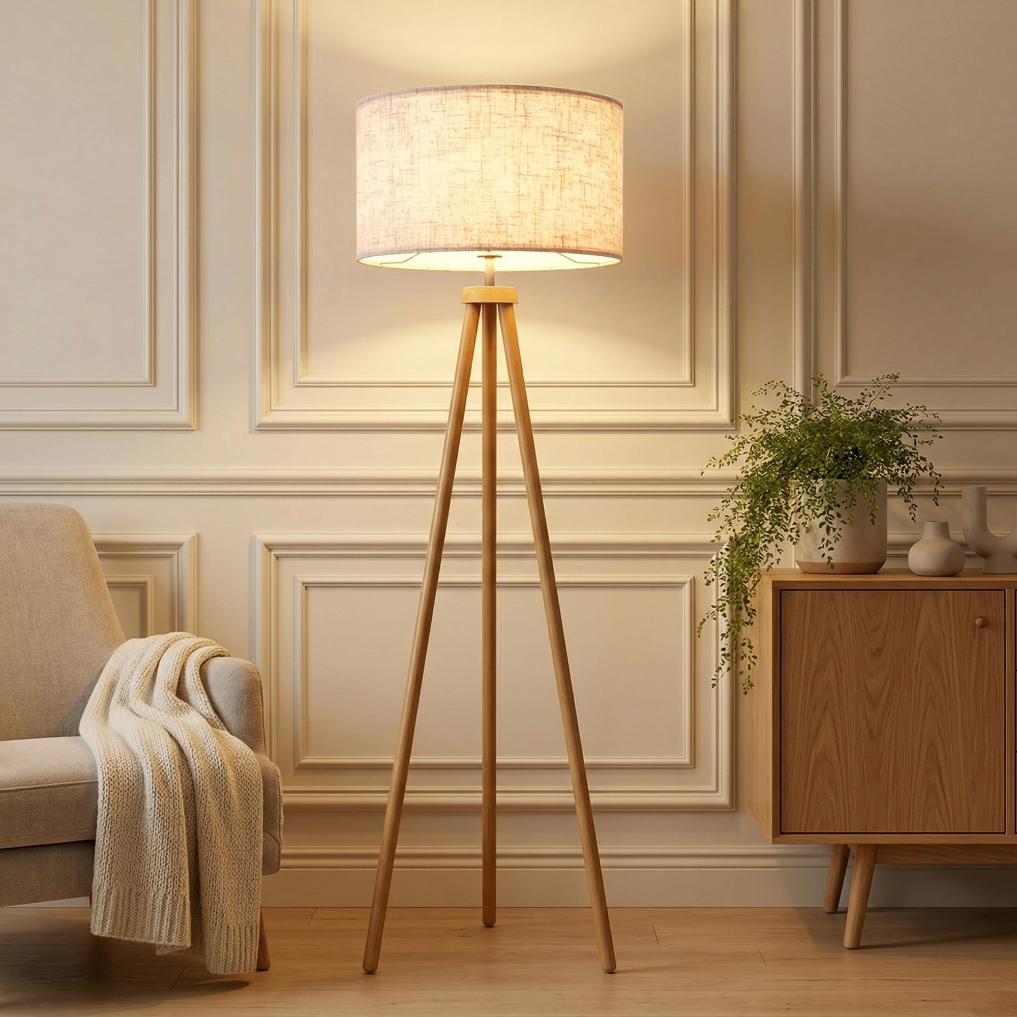 Stehlampe Wohnzimmer Dimmbar Dreibein Holzoptik-Metall, Inkl. 12W LED Moderne Stativ Stehleuchte 3 Farbtemperatur Fußschalter Retro Leselampe mit Stoffschirm für Schlafzimmer & Büro